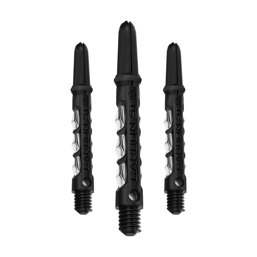HR417_Harrows_Carbon_ST_Shafts_Clear_40mm_1d0txrh7mi9kq8 Das Bild zeigt drei klare Harrows Carbon ST Shafts für Dartpfeile. Die Schäfte sind schwarz mit durchsichtigen Elementen und tragen die Aufschrift "CARBON ST".