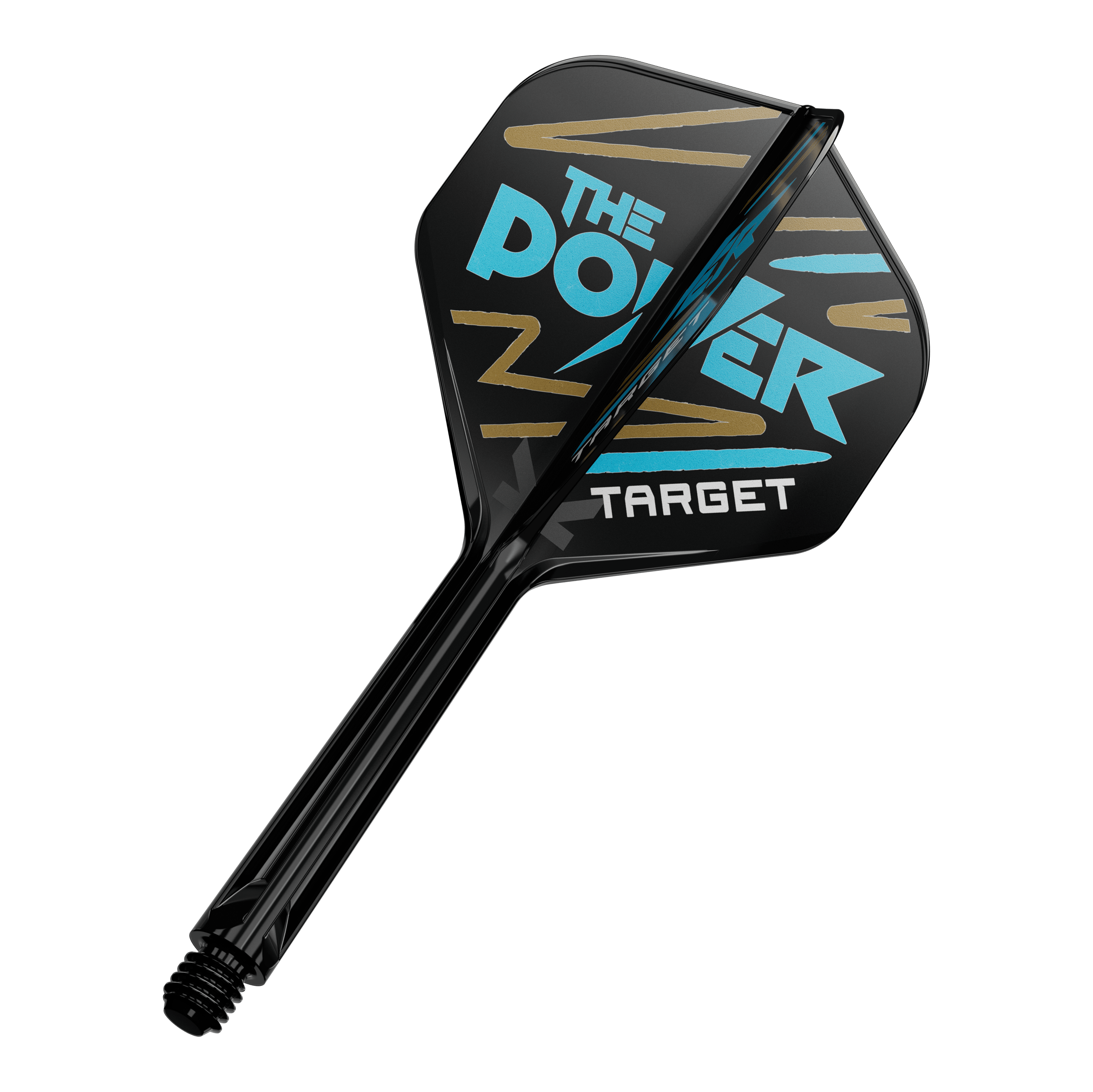 Target K-Flex Phil Taylor No2 Standard Flight Shaft System Auf dem Bild ist ein Dartpfeil mit schwarzer Flight zu sehen. Auf der Flight steht in blauer und weißer Schrift "The Power" und "Target" mit goldenen Zierstreifen.