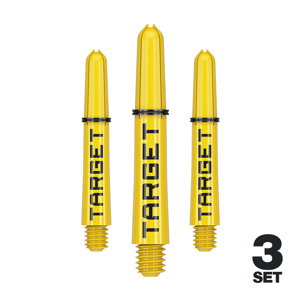 Target Pro Grip TAG Shafts - 3 Sets - Yellow Das Bild zeigt drei gelbe Dartschäfte der Marke Target mit schwarzer Schrift. In der rechten unteren Ecke steht „3 Set“.