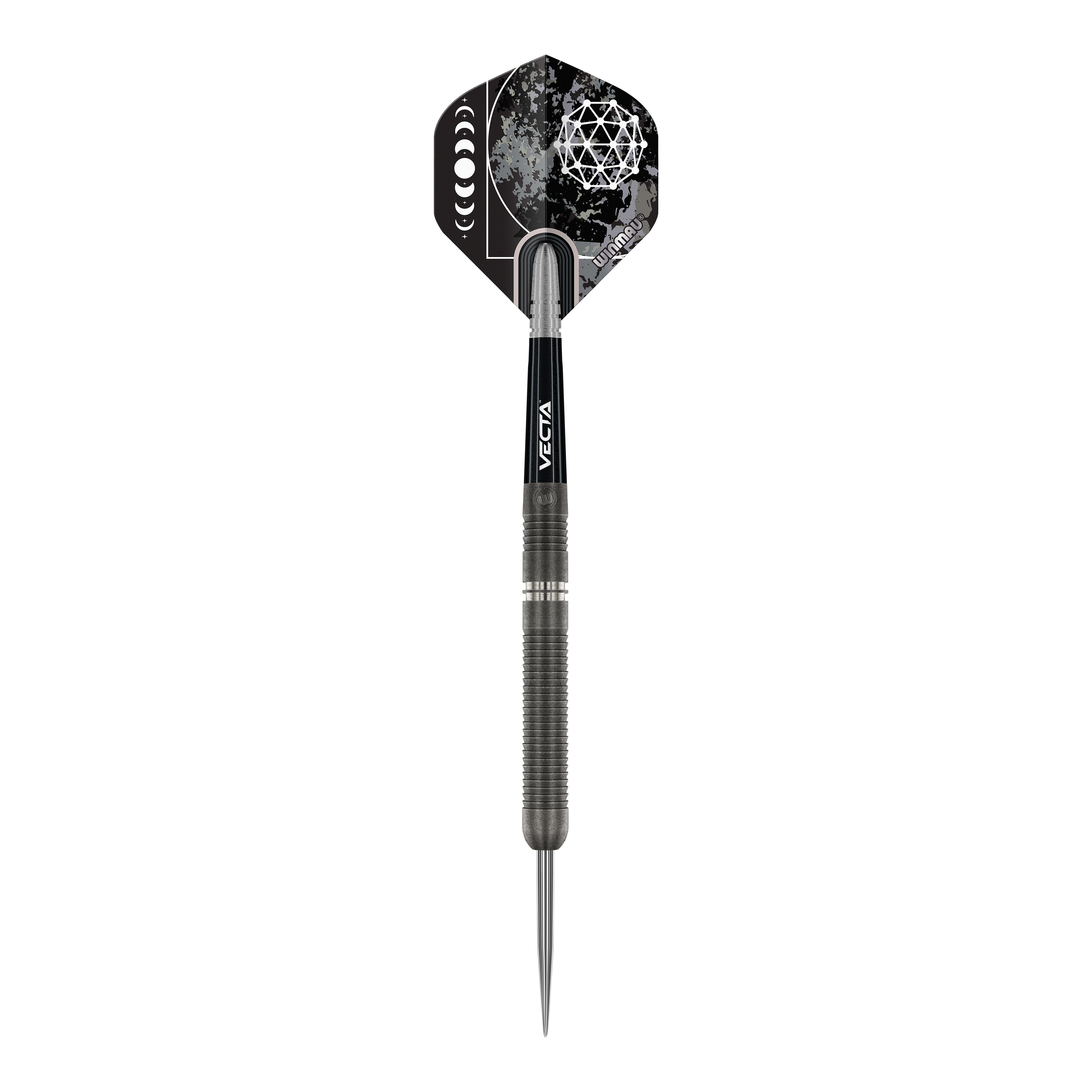 Winmau Callisto 01 Steeldarts Das Bild zeigt einen Winmau Callisto 01 Steeldart. Der Dartpfeil hat ein modernes Design mit schwarzen und silbernen Elementen sowie auffälligen Grafiken auf dem Flight.
