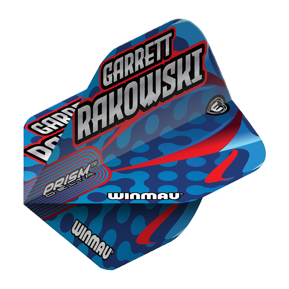 Auf dem Bild ist ein Winmau Prism Delta Garrett Rakowski Standard Flight zu sehen. Das Design ist blau mit roten und hellblauen Akzenten und trägt den Namen "Garrett Rakowski".