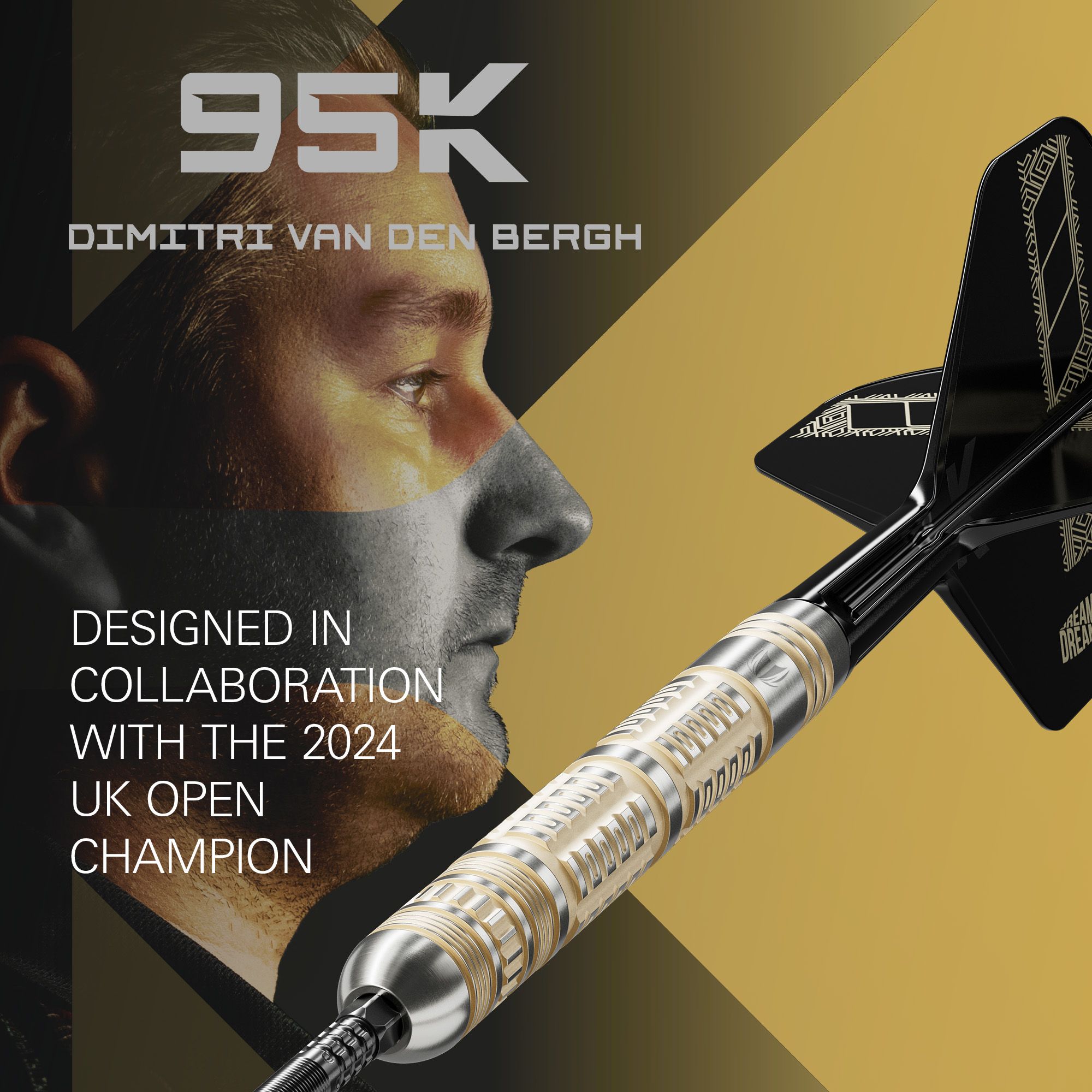 Hier sehen Sie die Target Dimitri Van Den Bergh 95K Swiss Point Steeldarts. Diese Steeldarts bieten hohe Qualität und exzellente Spieleigenschaften.