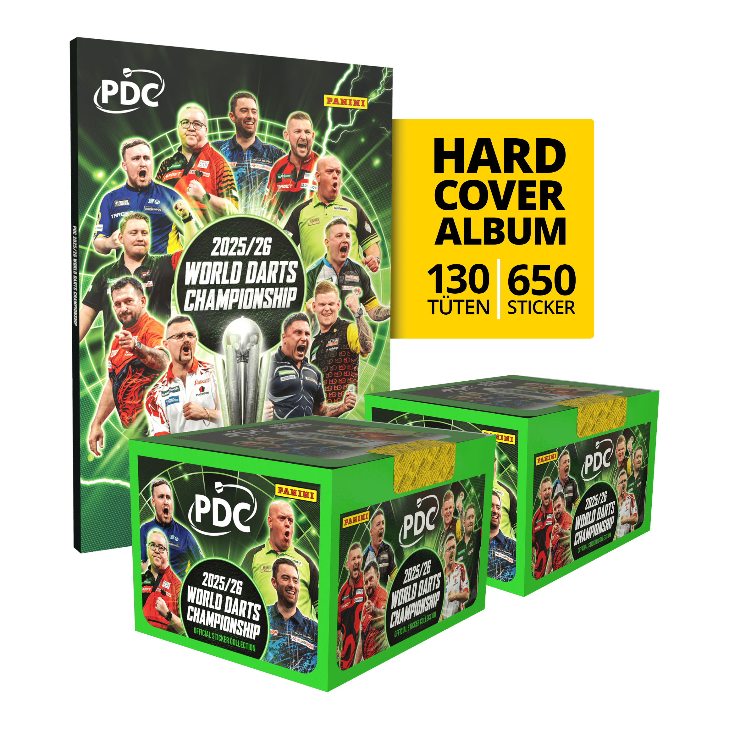 Panini PDC World Darts Championship 2025/26 - Hardcover Mega Bundle with two sticker boxes Abgebildet ist das Panini PDC World Darts Championship 2025/26 Hardcover Mega Bundle mit zwei Stickerboxen. Das Produkt eignet sich für Dart-Fans zum Sammeln und Tauschen.