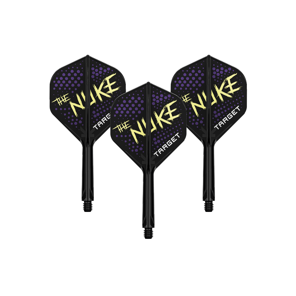 Target K-Flex Luke Littler Black No2 Standard Flight System Auf dem Bild sind drei schwarze Dartflights mit dem Schriftzug „The Nuke“ in gelber Farbe zu sehen. Die Flights haben außerdem violette Punkte und den Markennamen „Target“ in weiß.