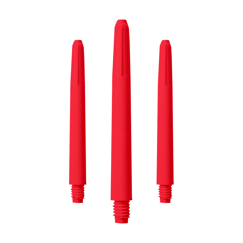 571_Nylon_Shafts_Rot_48mm_1 Das Bild zeigt drei rote Nylon-Schäfte. Sie sind in einer aufrechten Position nebeneinander angeordnet.