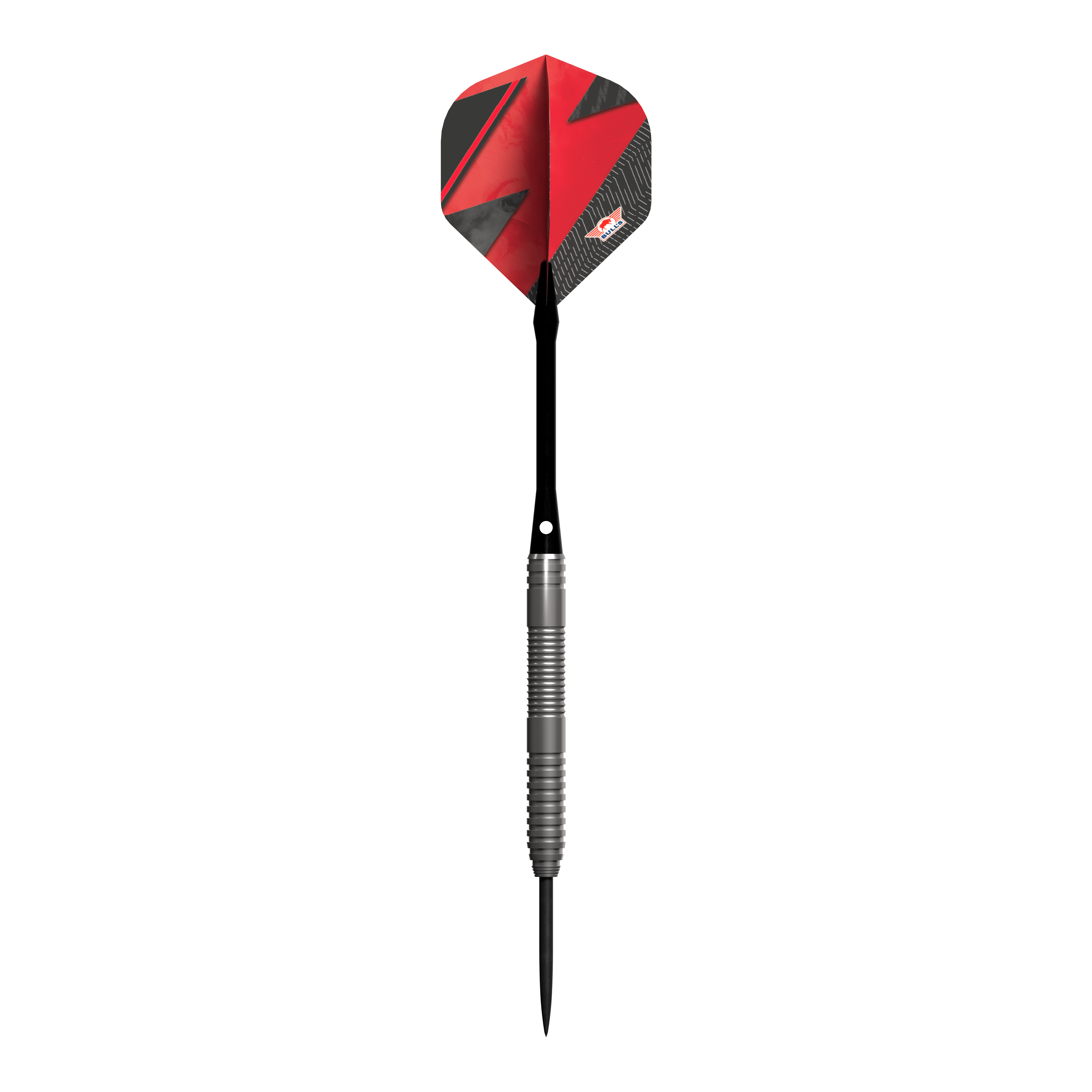 Bulls NL Lightning Red steel darts Das Bild zeigt einen Steeldart-Pfeil mit einem silbernen Griff und einer roten Flights. Der Pfeil trägt das Design und Logo der Marke Bulls NL Lightning Red.