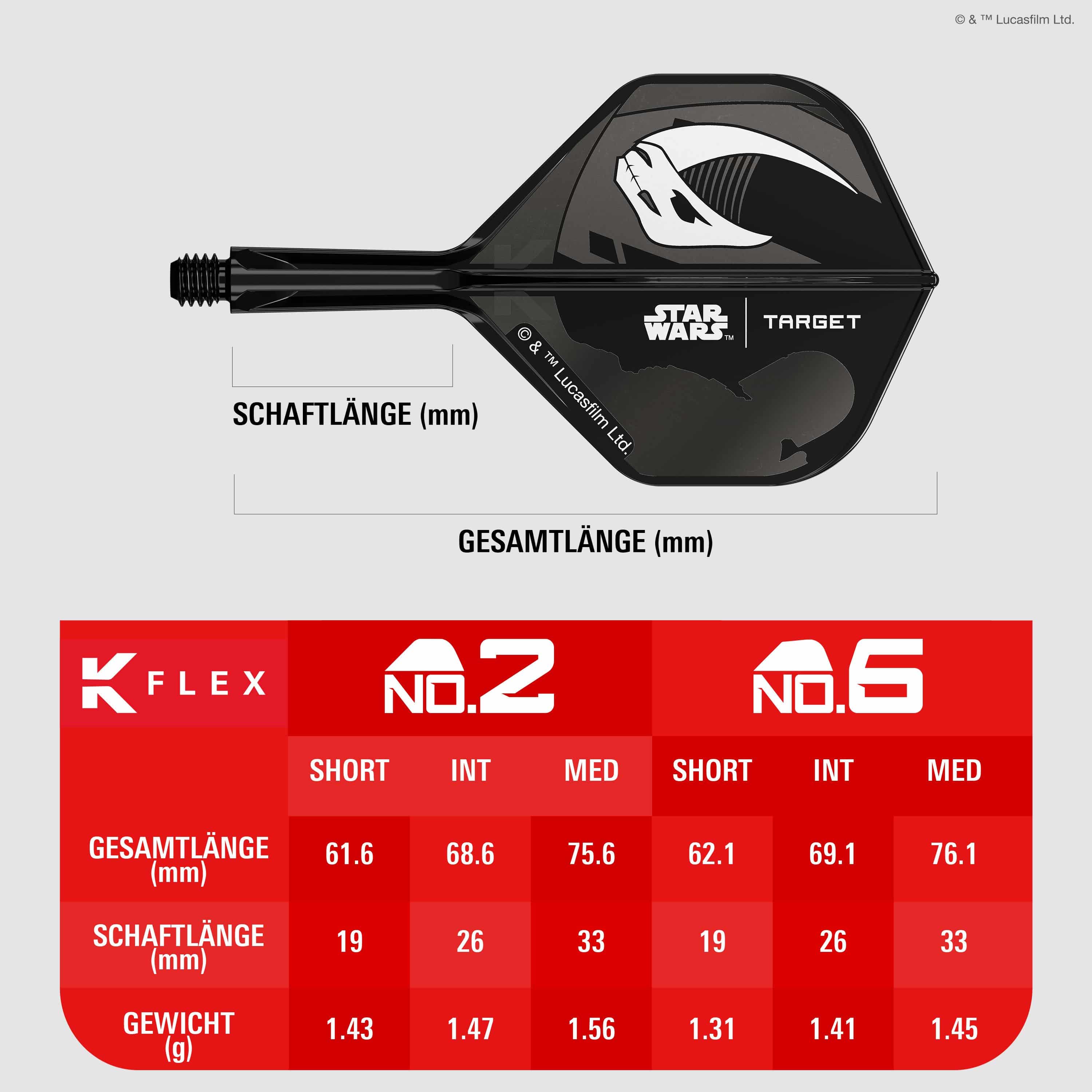 Abgebildet ist das Target Star Wars K-Flex-Set Mandalorian No2 Standard Flights. Die Flights zeigen ein Design im Stil von Mandalorian aus Star Wars.