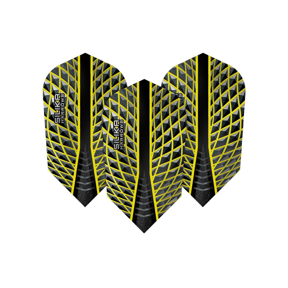 HR87_Harrows_Silika_Yellow_Slim_Flights_1Ds9OAEkWP6W0e Das Bild zeigt drei Harrows Silika Yellow Slim Flights. Die Flights sind schwarz mit einem gelben, netzartigen Muster und dem Aufdruck "SILIKA HARROWS".