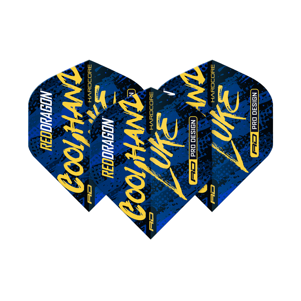 TF6864_Red_Dragon_Hardcore_Luke_Humphries_Signature_Blue_Standard_Flights_1WXiIWZ030l1vn Das Bild zeigt drei blaue Dart-Flights mit gelbem und weißem Aufdruck. Auf den Flights steht "RedDragon Hardcore Cool Hand Luke" in auffälliger Schrift.