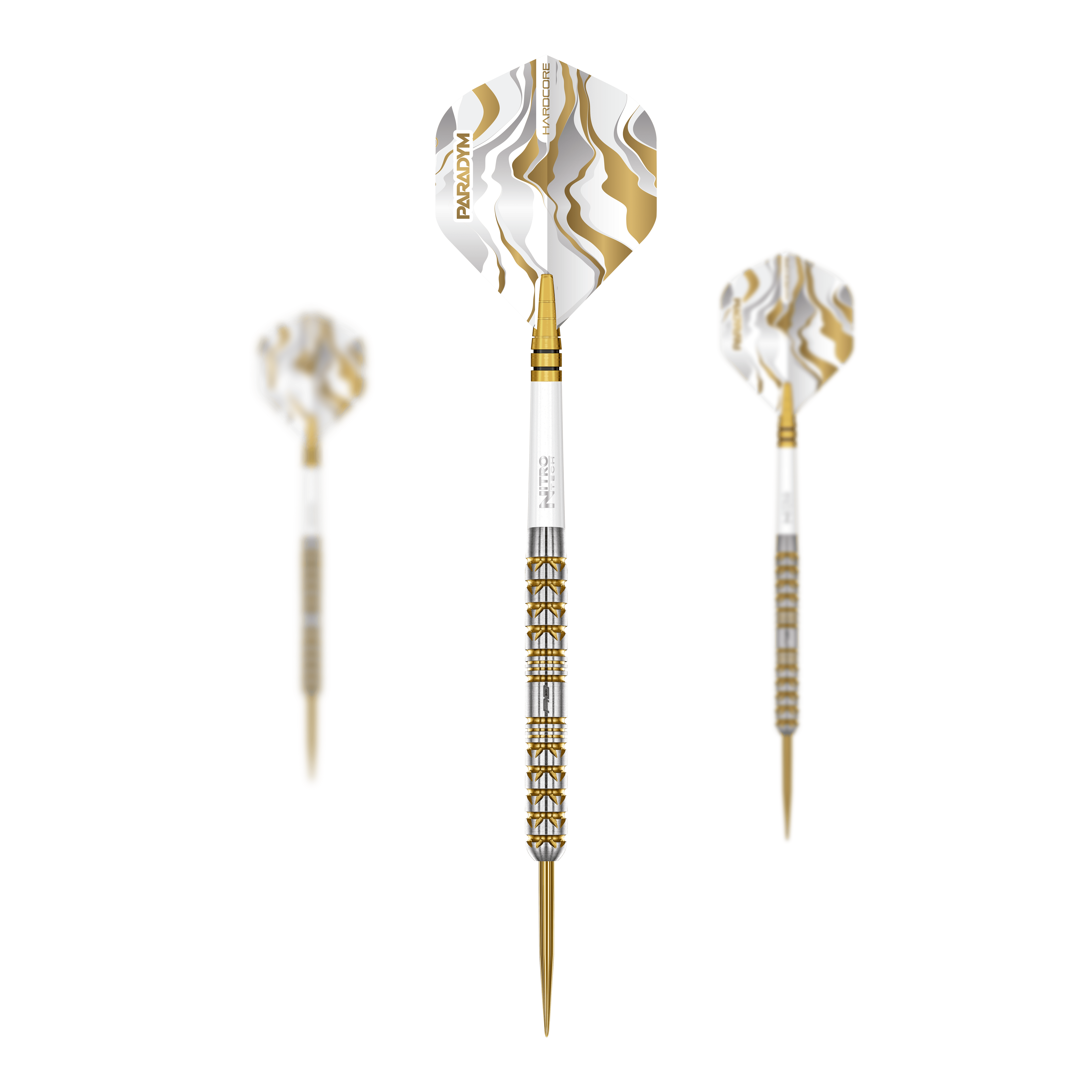 Zu sehen ist ein Set der Red Dragon Paradym Gold Parallel Steeldarts. Das Set besteht aus mehreren Steeldarts mit einer goldfarbenen Optik.