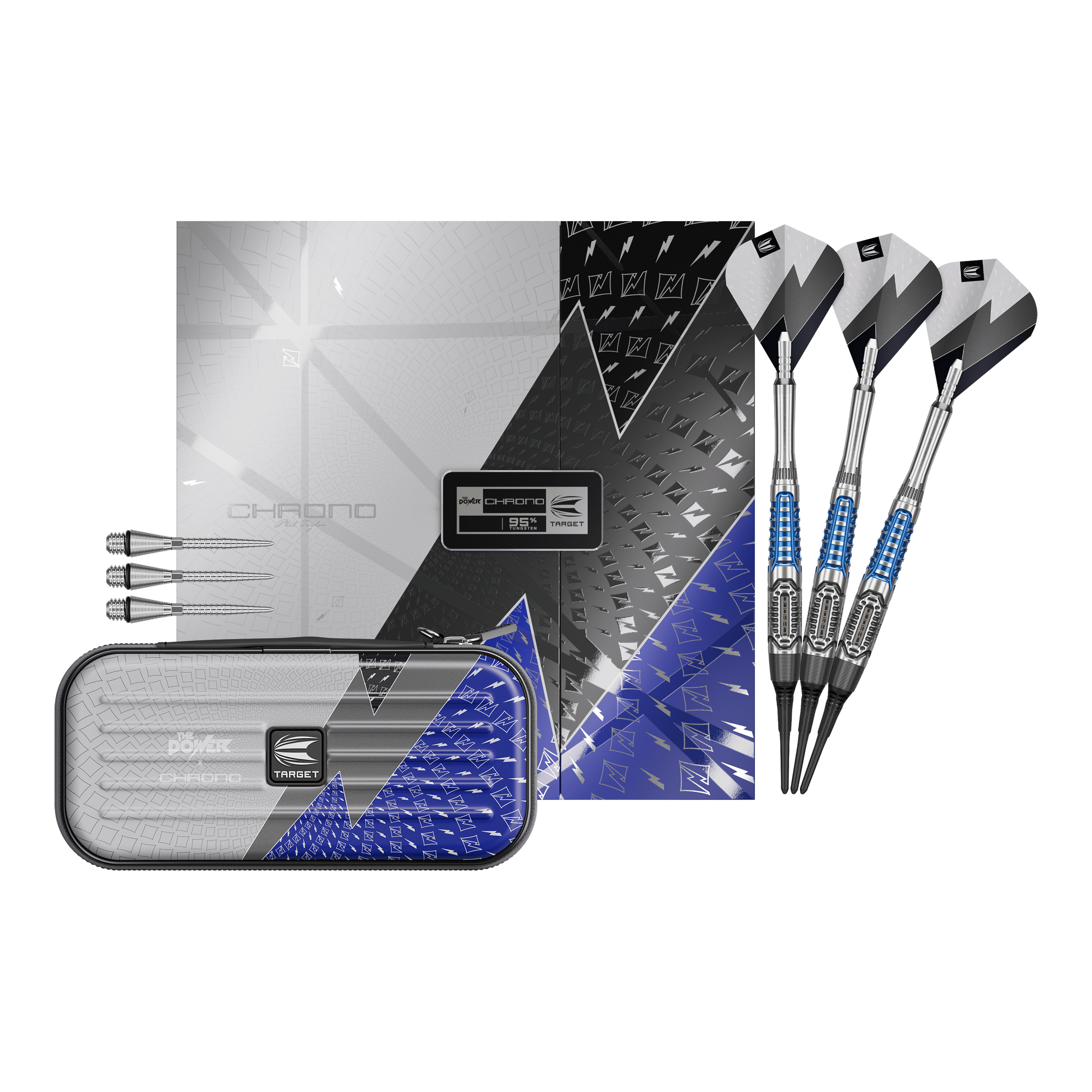 Target Phil Taylor Power X Chrono soft darts Hier sieht man die Target Phil Taylor Power X Chrono Softdarts. Die Softdarts sind vollständig dargestellt und zeigen das gesamte Set.