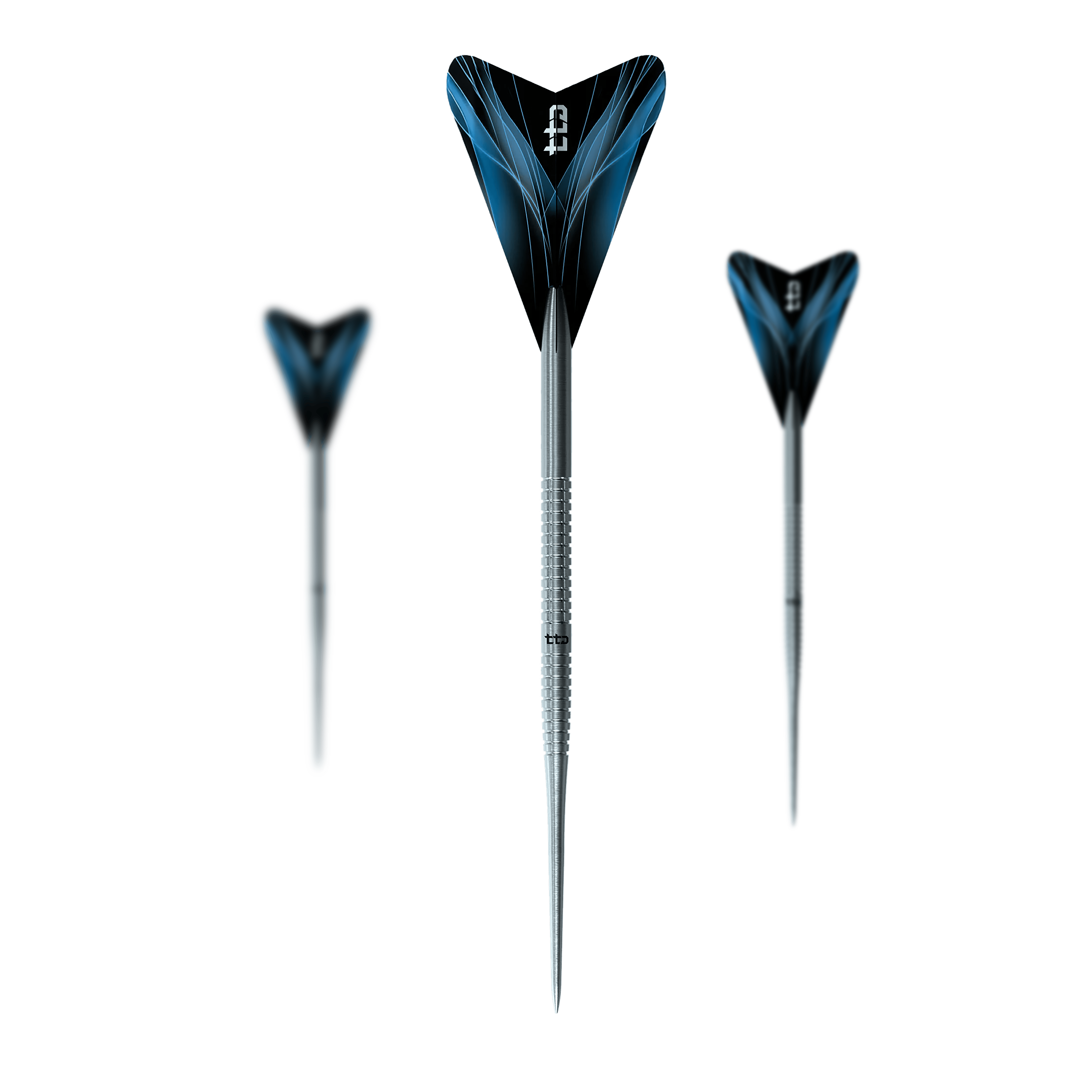 Das Foto zeigt ein Set der Caliburn TTD Complete Titanium T1 Silver Steeldarts - 5g. Es sind hochwertige Steeldarts aus Titan für das Dartspiel.