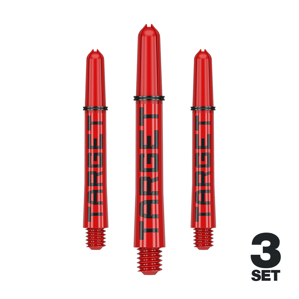 Target Pro Grip TAG Shafts - 3 Sets - Red Das Bild zeigt drei rote Dartschäfte mit der Aufschrift "TARGET". Unten rechts steht "3 SET", was auf ein Set mit drei Stück hinweist.