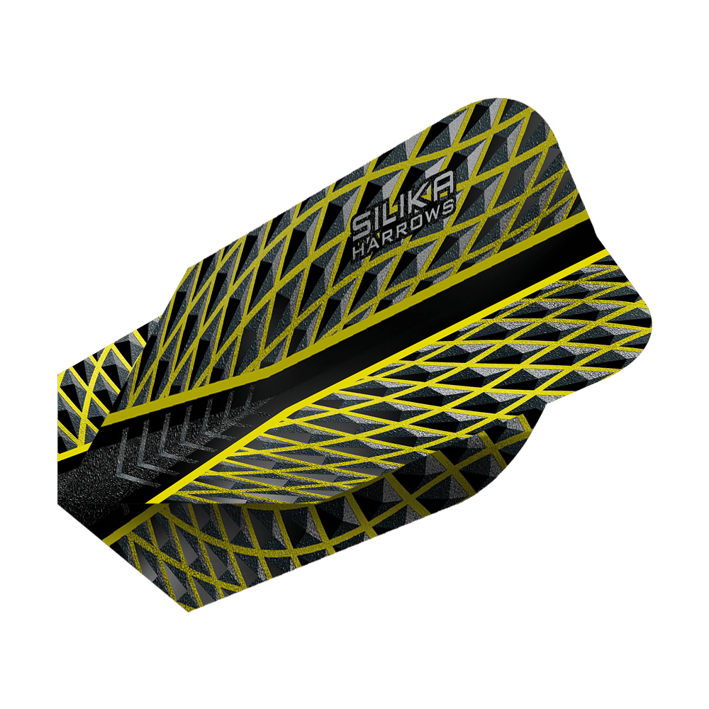 HR87_Harrows_Silika_Yellow_Slim_Flights_2 Das Bild zeigt das Produkt "Harrows Silika Yellow Slim Flights". Es hat ein schlankes Design mit einem auffälligen gelben und schwarzen Muster.