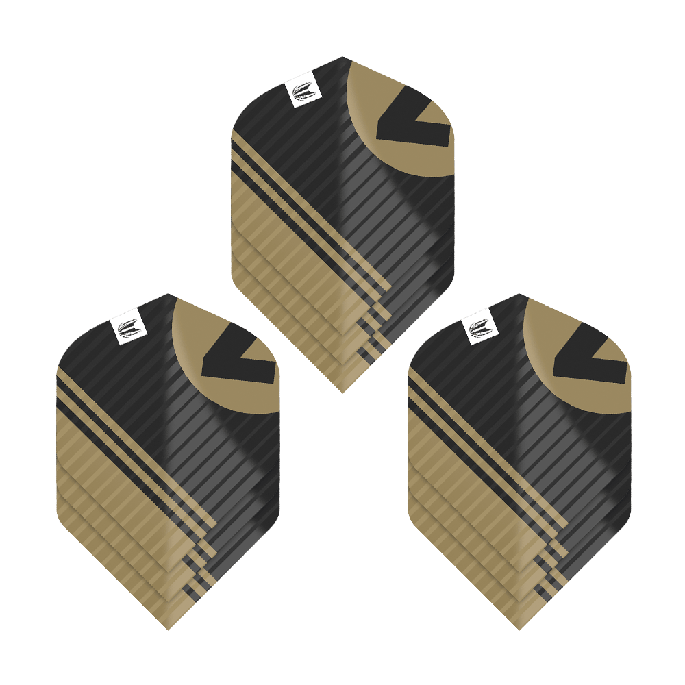 337219_Target_ProUltra_3Sets_Chicane_Black_No2_Standard_Flights_1GfKd1kYTo8y59 Das Bild zeigt drei Sets von Target Pro Ultra Chicane Black No2 Standard Flights. Die Flights sind schwarz mit goldenen Akzenten und haben ein modernes, gestreiftes Design.