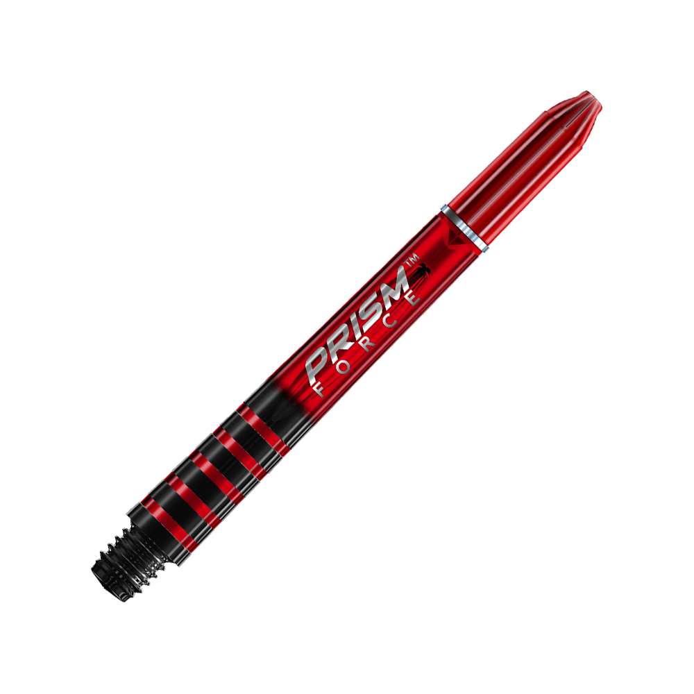 7020-404_Winmau_Prism_Force_Shafts_Rot_41mm_2 Das Bild zeigt einen roten Winmau Prism Force Shafts für Darts. Der Hintergrund ist mit schrägen, roten und weißen Streifen gestaltet.