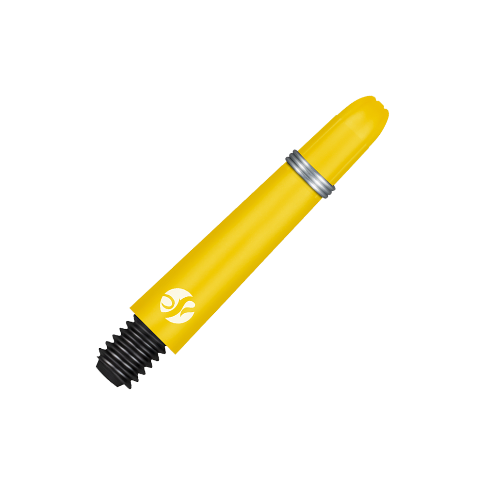 Shot Koi Carbon Shafts - Yellow Das Bild zeigt einen gelben Carbon-Schaft mit schwarzem Gewinde und silbernem Ring. Auf dem Schaft ist ein weißes Logo abgebildet.