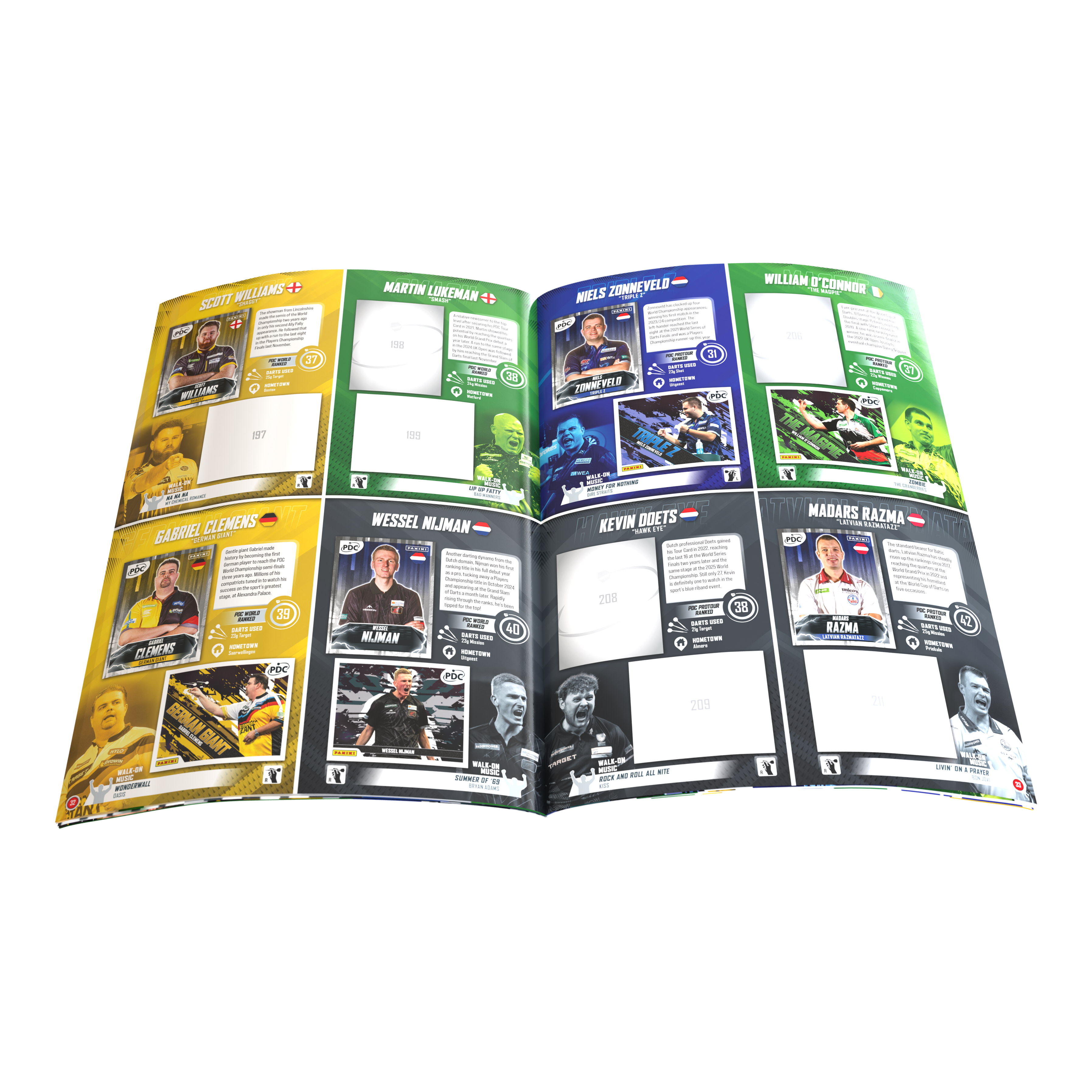 Abgebildet ist das Sammelalbum Panini PDC World Darts Championship 2025/26 als Softcover-Version. Es ist für das Einkleben und Sammeln offizieller Panini-Sticker der Dartmeisterschaft gedacht.