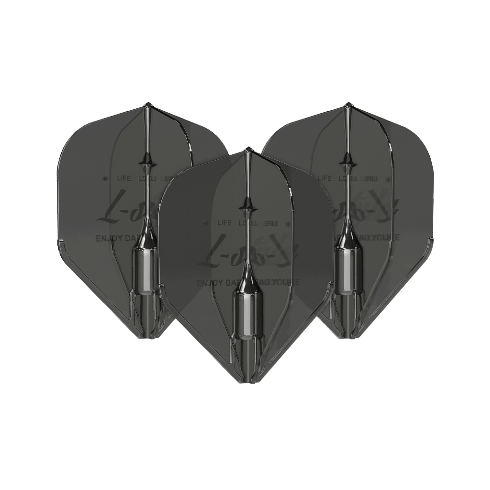 L-Style Fantom L1EZ Flights Black Das Bild zeigt drei schwarze L-Style Fantom L1EZ Flights für Darts. Die Flights sind nebeneinander angeordnet und verfügen über ein glänzendes, modernes Design.