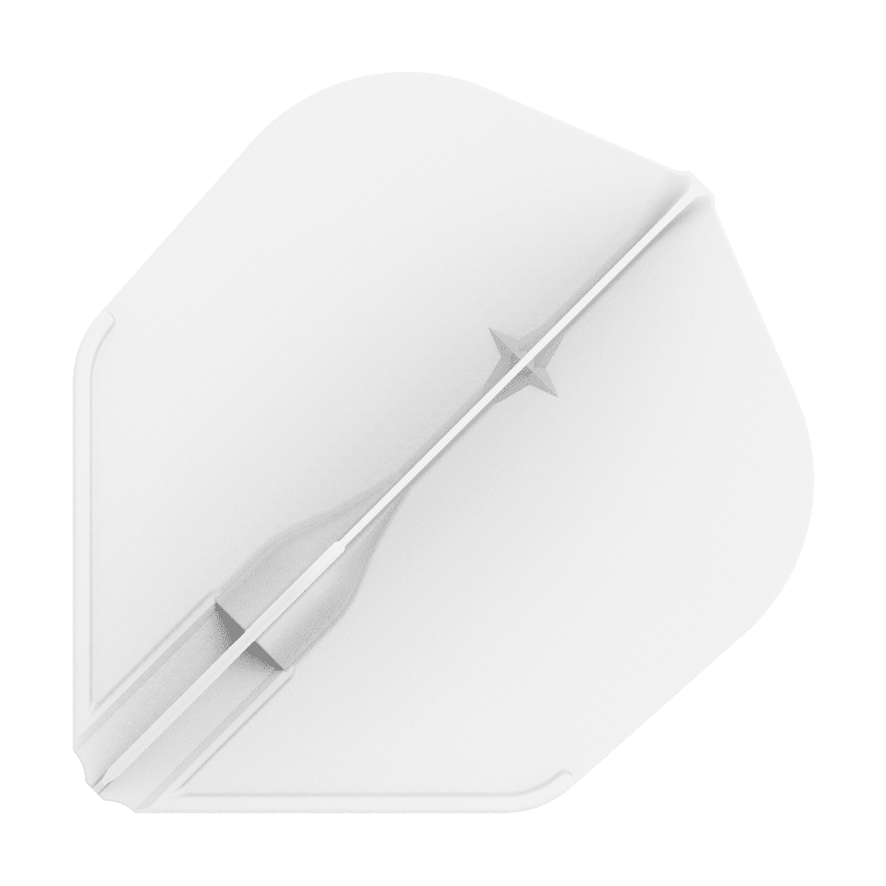 L-L-Style3EZ Flights Das Bild zeigt ein weißes Dartflight in einer einfachen, geometrischen Form. In der Mitte verläuft ein feiner, strukturierter Streifen mit einem kleinen Sternmotiv.