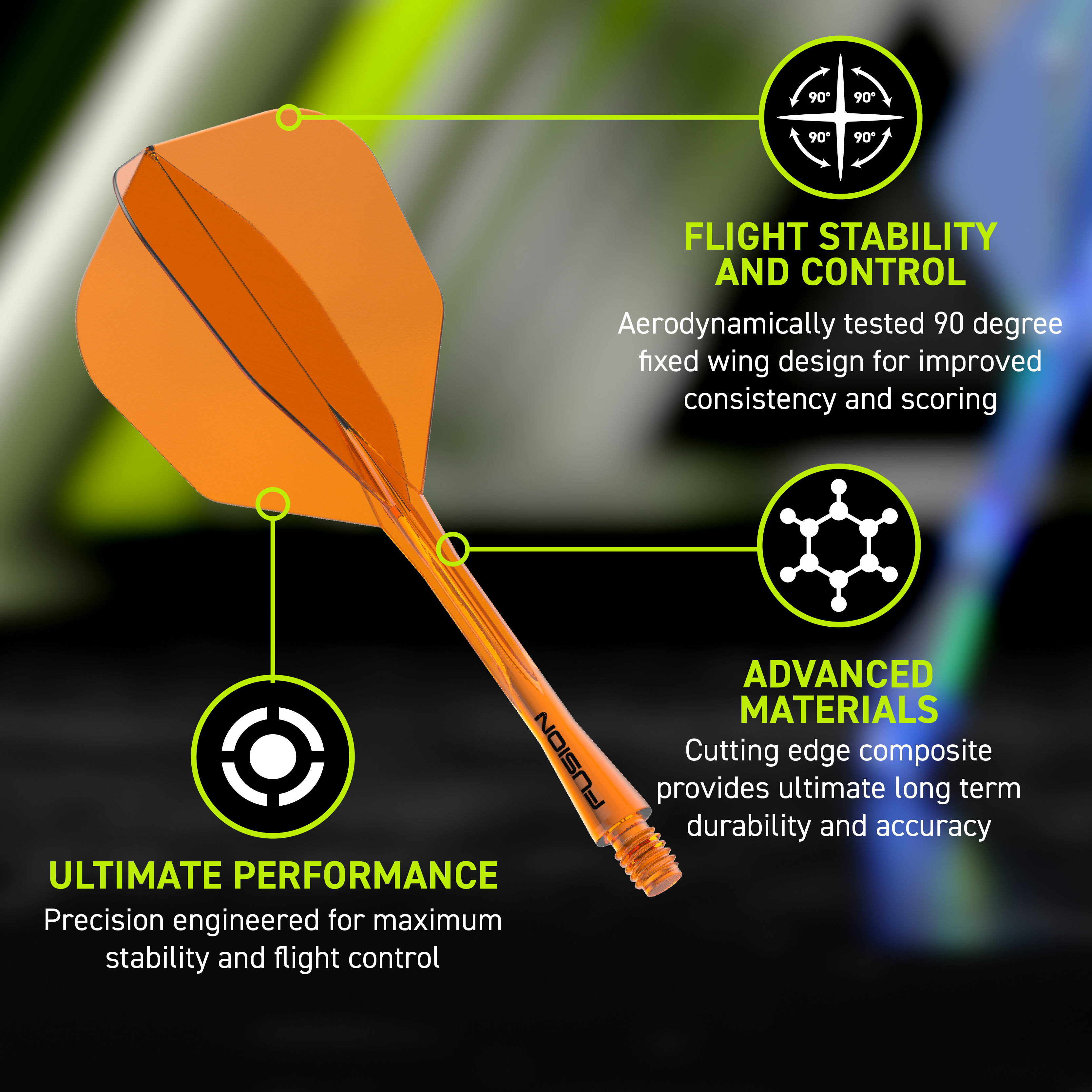 Abgebildet ist das Winmau Fusion Flight-Shaft-System No6 Neon Orange. Dieses Dartzubehör verbindet Flight und Shaft in einem Teil.
