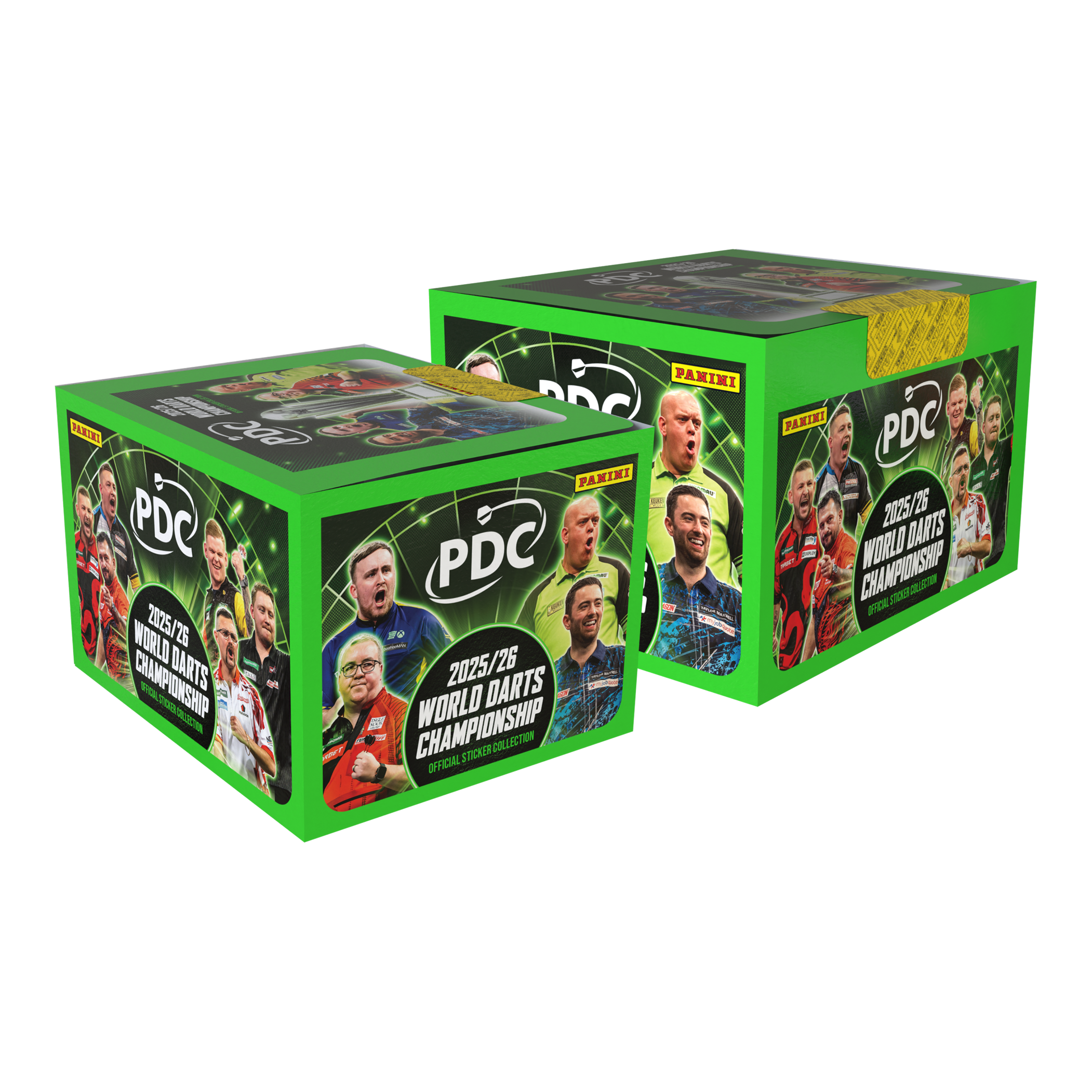 Das Bild zeigt das Panini PDC World Darts Championship 2025/26 Softcover Mega Bundle mit zwei Stickerboxen. Es handelt sich um ein Sammelalbum und zwei Stickerboxen für Dart-Fans.