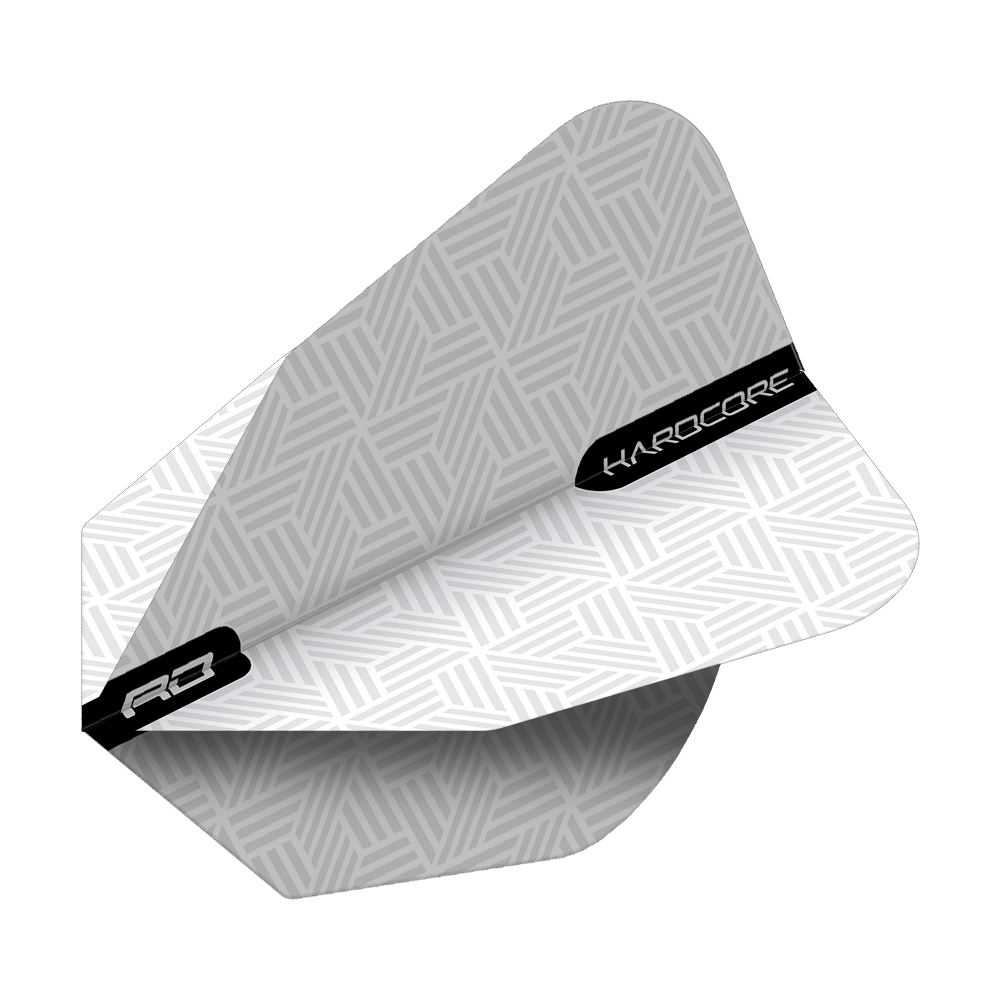 TF6848_Red_Dragon_White_V-Standard_Flights_2tNkFitBtu1GOB Das Bild zeigt das Produkt "Red Dragon White V-Standard Flights" für Darts. Die Flights sind weiß mit einem dezenten, geometrischen Muster und schwarzen Akzenten.