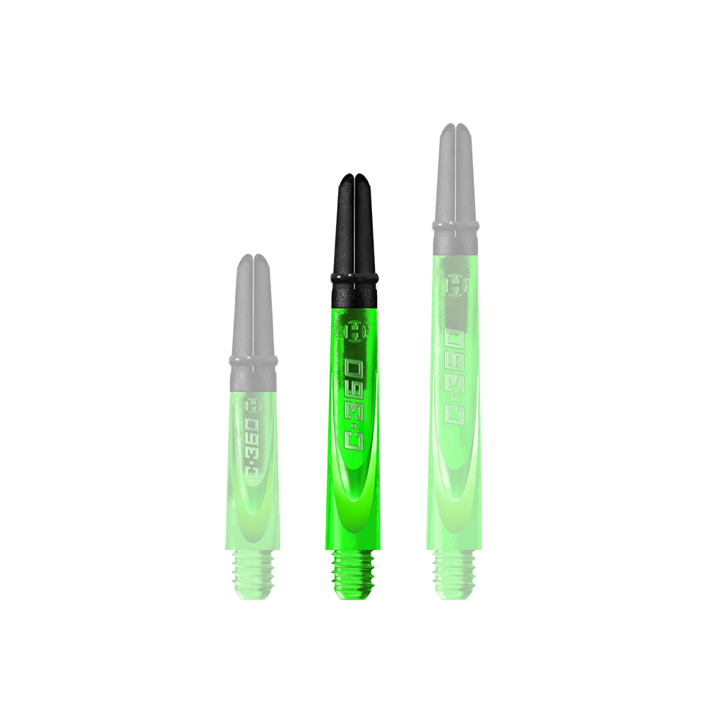 HR453_Harrows_Carbon_360_Shafts_Gr-n_42mm_1 Auf dem Bild sind drei grüne Dartschäfte in unterschiedlicher Länge zu sehen. Die Schäfte haben schwarze Spitzen und die Aufschrift "C.360".