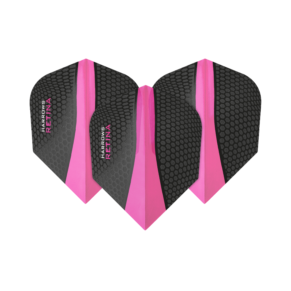HR5511_Harrows_Retina_Pink_No2_Standard_Flights_1M6nVoZoSTjJya Das Bild zeigt drei Harrows Retina Pink No6 Flights für Darts. Sie sind schwarz mit einem pinken Streifen und Wabenmuster gestaltet.
