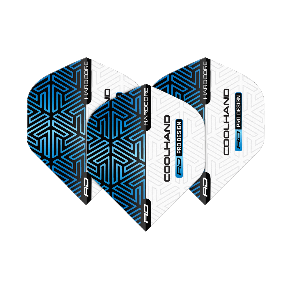 Red Dragon Hardcore Luke Humphries Blue White Premium Standard Flights Das Bild zeigt vier Dart-Flights in Blau und Weiß mit geometrischem Muster. Auf den Flights stehen die Wörter "HARDCORE", "COOLHAND" und "RD PRO DESIGN".