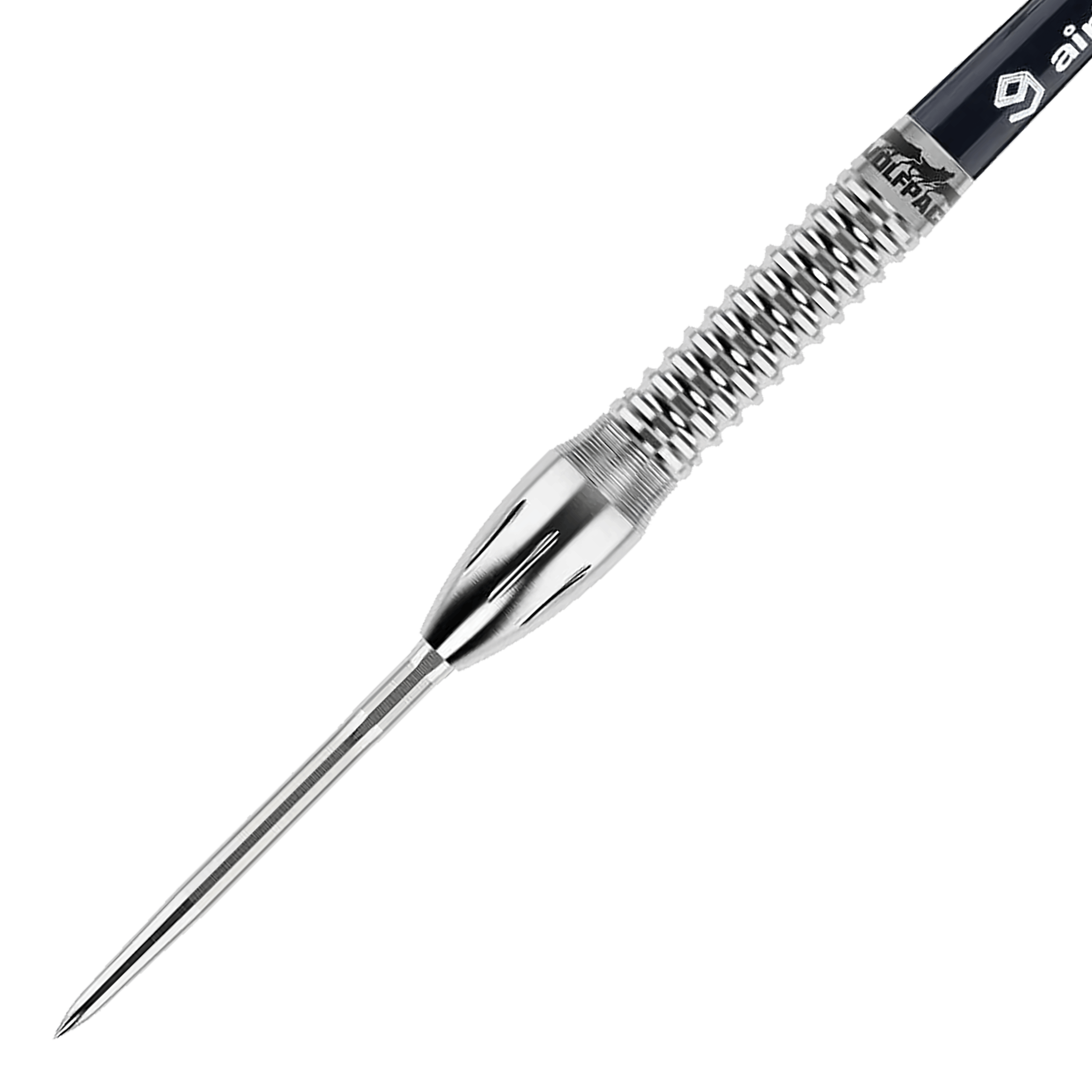 Caliburn Wolfpack W4 steel darts - 20g Das Bild zeigt einen Caliburn Wolfpack W4 Steeldart mit einem Gewicht von 20g. Der Dartpfeil besteht aus silberfarbenem Metall und hat eine strukturierte Griffzone.