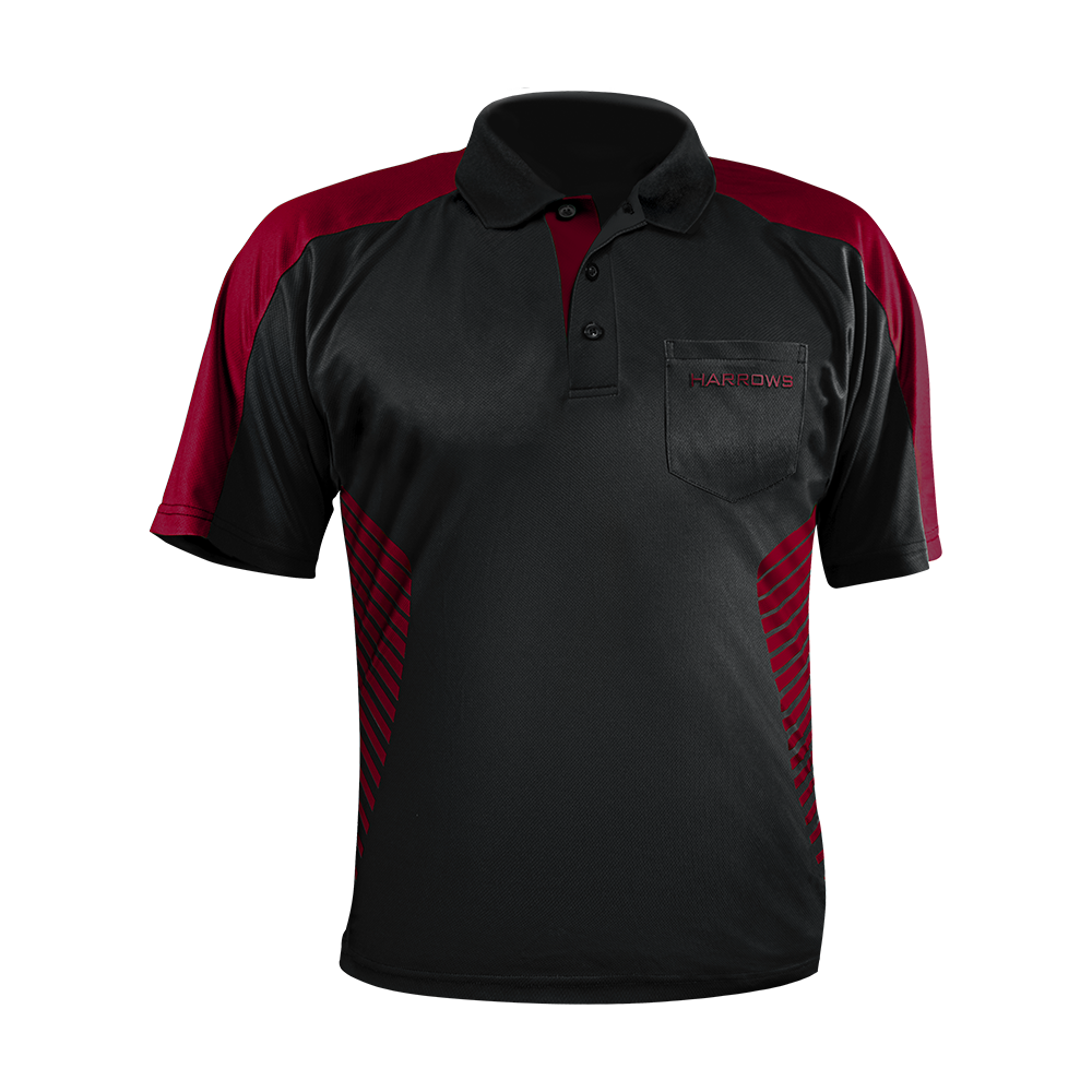 17737-Harrows-Vivid-Dartshirt-Black-DeepRed-1 Das Bild zeigt ein schwarzes Dartshirt mit dunkelroten Akzenten. Auf der linken Brusttasche steht der Schriftzug "HARROWS".