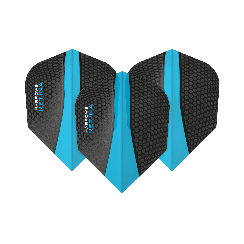 HR5512_Harrows_Retina_Hellblau_No2_Standard_Flights_1lkP0vrhQuvr5P Das Bild zeigt drei Harrows Retina Aqua No6 Flights für Dartpfeile. Die Flights sind schwarz mit einem blauen Streifen in der Mitte und einem Wabenmuster.