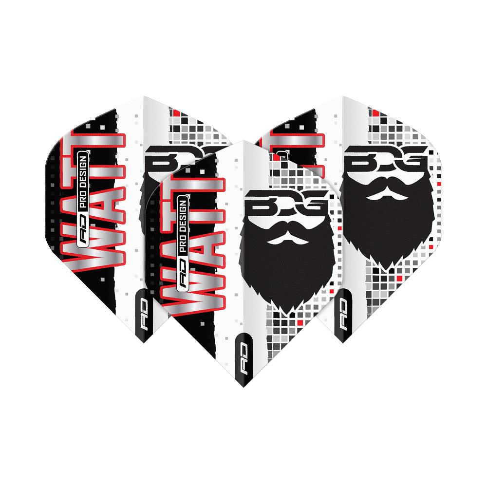Das Bild zeigt vier Dartflights mit dem Aufdruck "WATT" und einem stilisierten Bartgesicht. Die Flights sind in Schwarz, Weiß und Rot gestaltet und tragen das Logo „BDG Pro Design“.