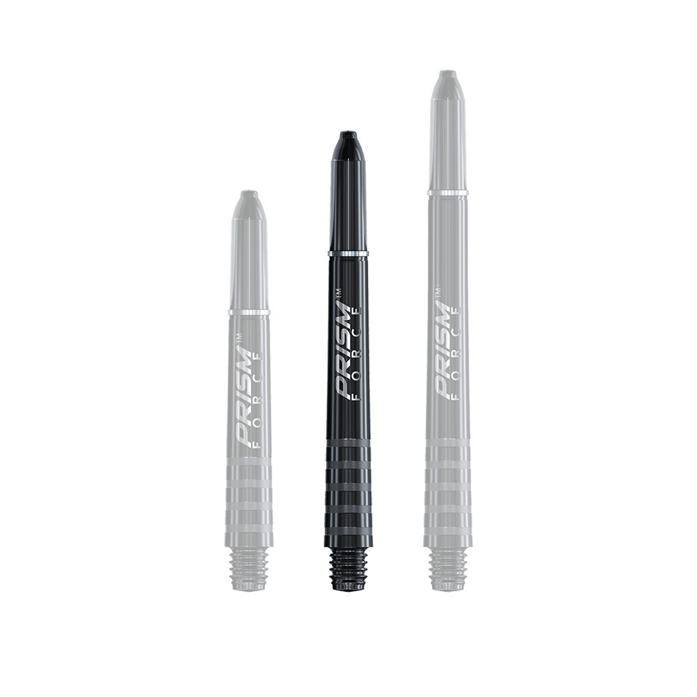7020-401_Winmau_Prism_Force_Shafts_Schwarz_41mm_1qU0VHsryorfQJ Das Bild zeigt drei schwarze Winmau Prism Force Shafts in unterschiedlicher Länge. Sie sind für den Einsatz bei Dartpfeilen konzipiert.