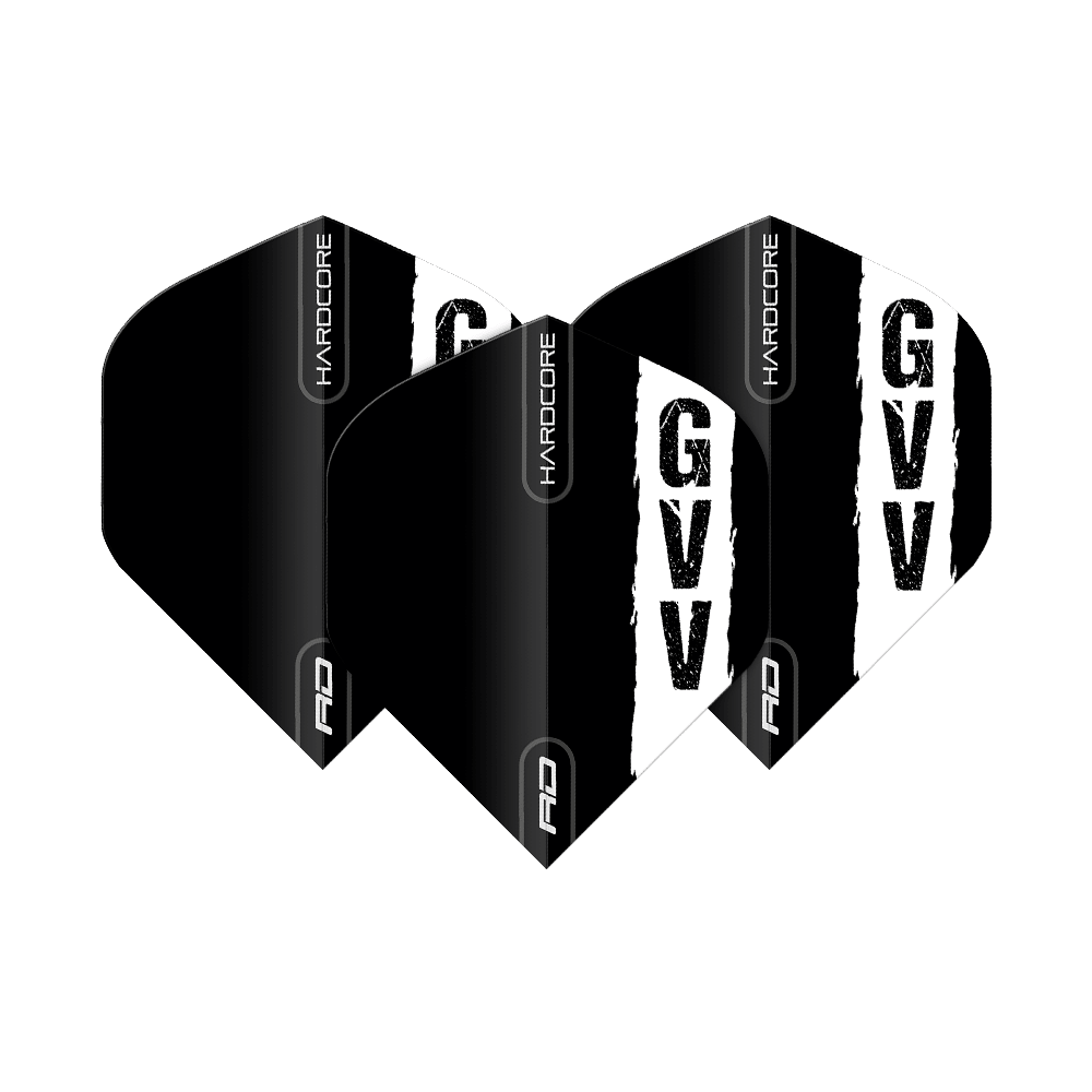 Das Bild zeigt drei schwarze Dartflights mit dem weißen Aufdruck "GVV" und dem Schriftzug "HARDCORE". Es handelt sich um das Produkt "Red Dragon Hardcore Gian Van Veen Black Logo Standard Flights".