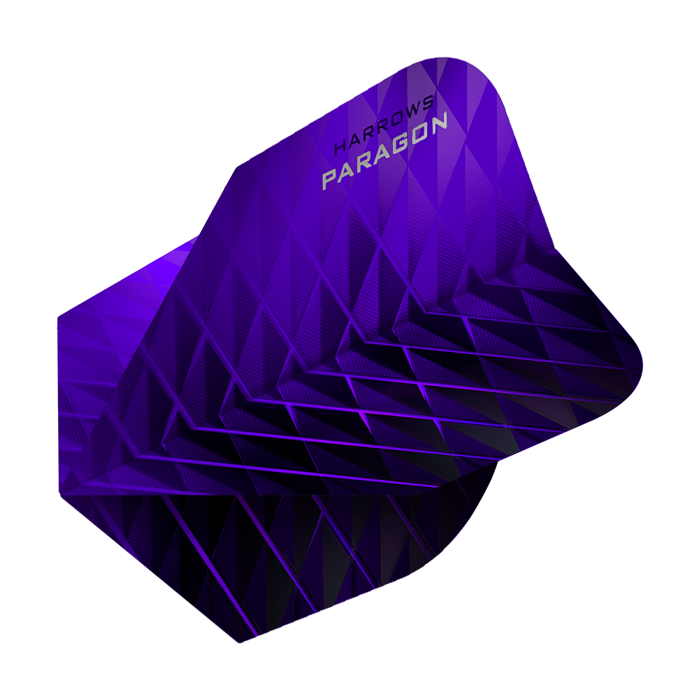 HR7603_Harrows_Paragon_Purple_No2_Standard_Flights_2 Das Bild zeigt das Produkt "Harrows Paragon Purple No2 Standard Flights". Die Dart-Flights sind in einem auffälligen lila Farbton mit geometrischem Muster gestaltet.