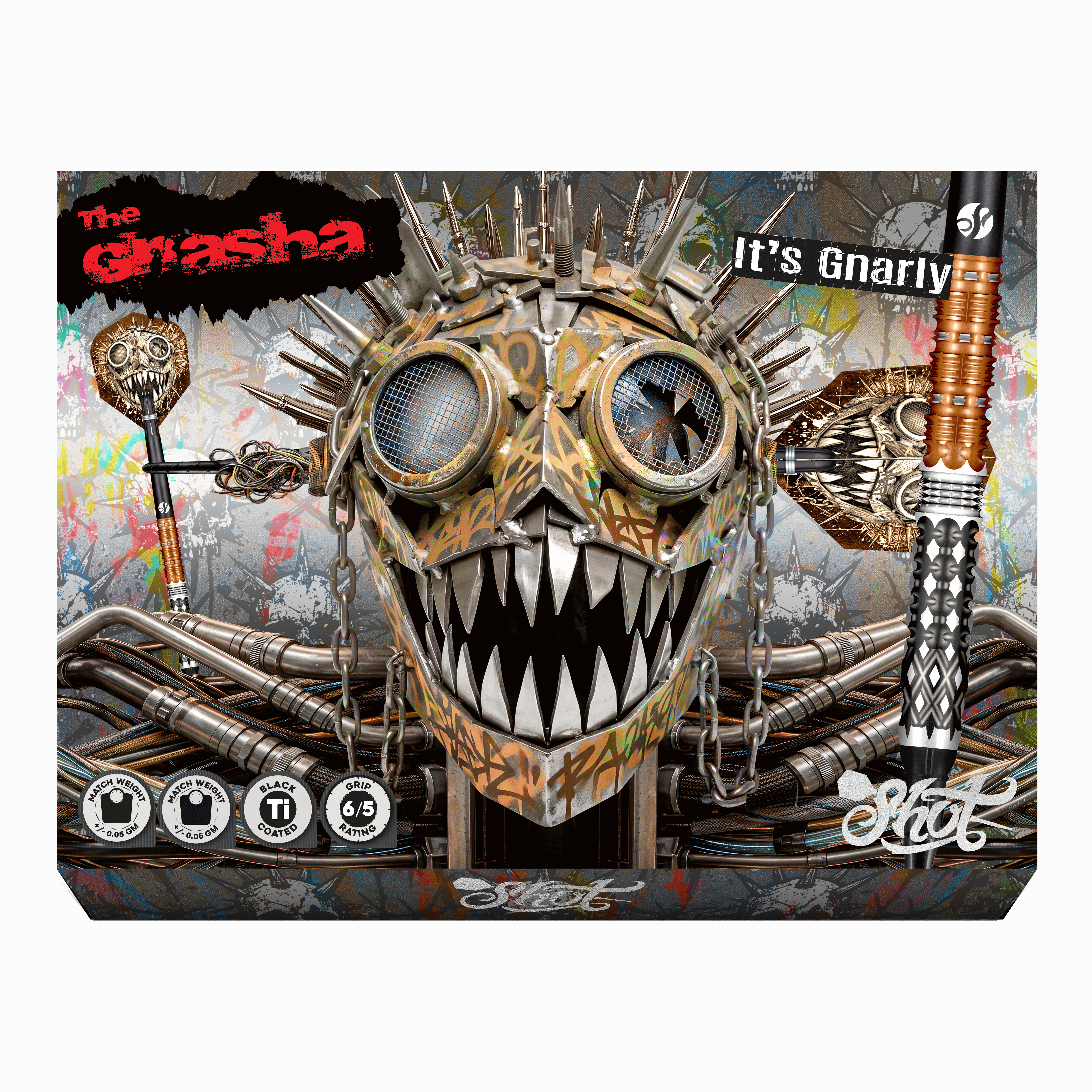 Auf dem Bild befinden sich die Shot Gnarly Gnasha Softdarts - 20g. Die Darts sind für das Spielen mit elektronischen Dartboards geeignet.