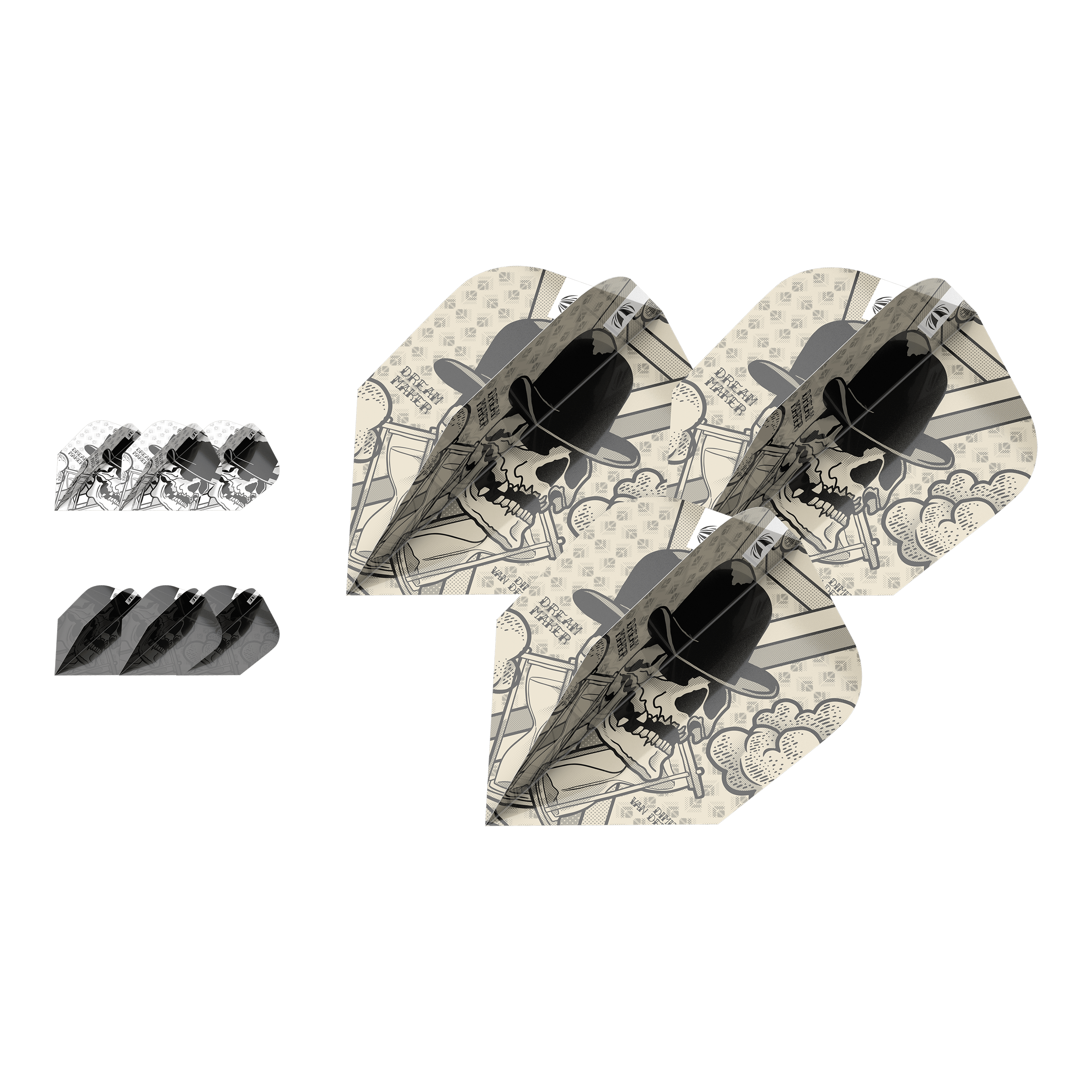 Target Ink Bundle 3 Sets Dimitri Van Den Bergh Ten-X Flights Das Bild zeigt drei Sets von Dartflights mit einem Totenkopf-Design und Hut. Die Flights gehören zum Produkt "Target Ink Bundle 3 Sets Dimitri Van Den Bergh Ten-X Flights".