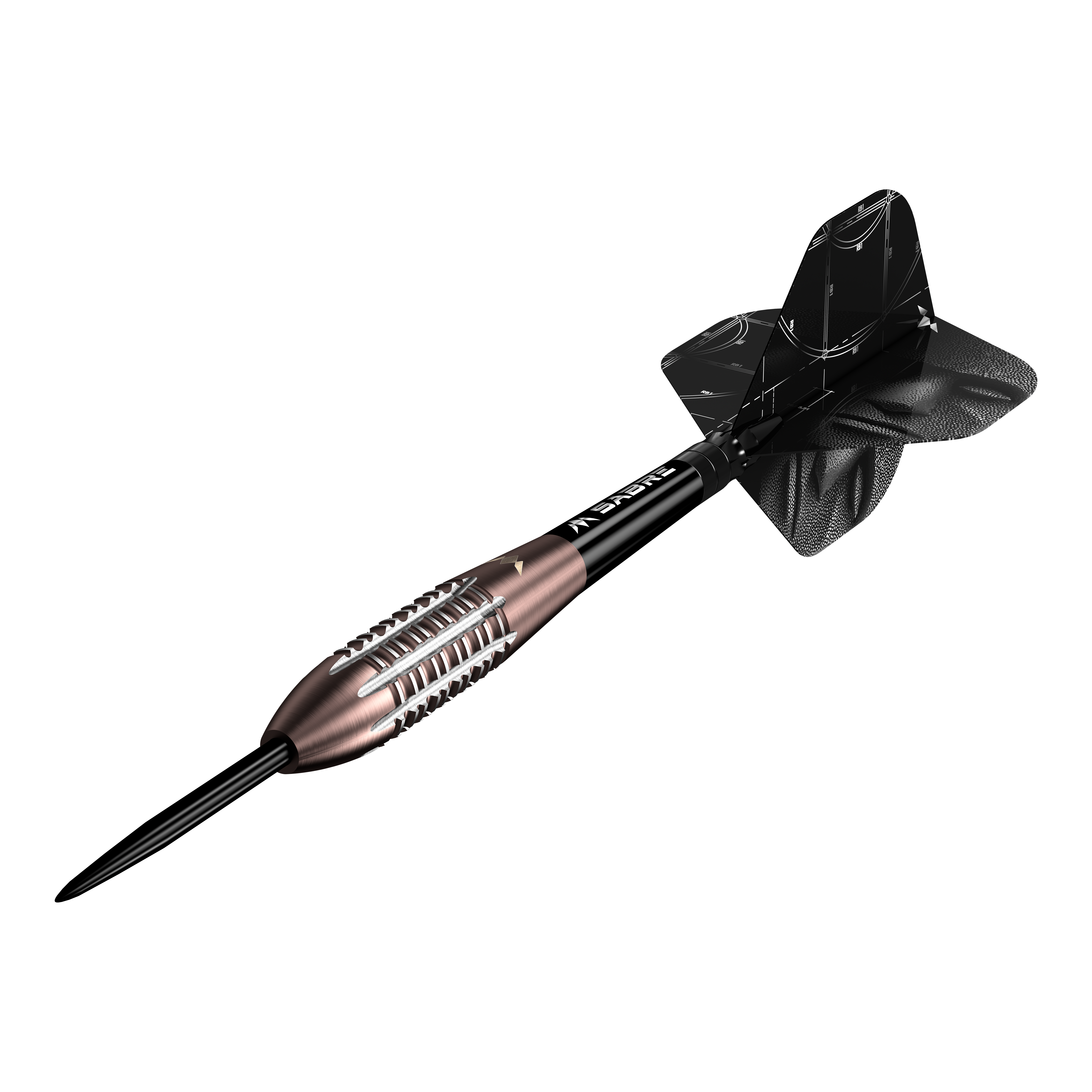 Das Foto präsentiert die Mission Arkitekt Bronze Silika PVD Steeldarts, Gewicht 23,5g. Das Produktdesign hebt die bronzefarbene Beschichtung hervor.