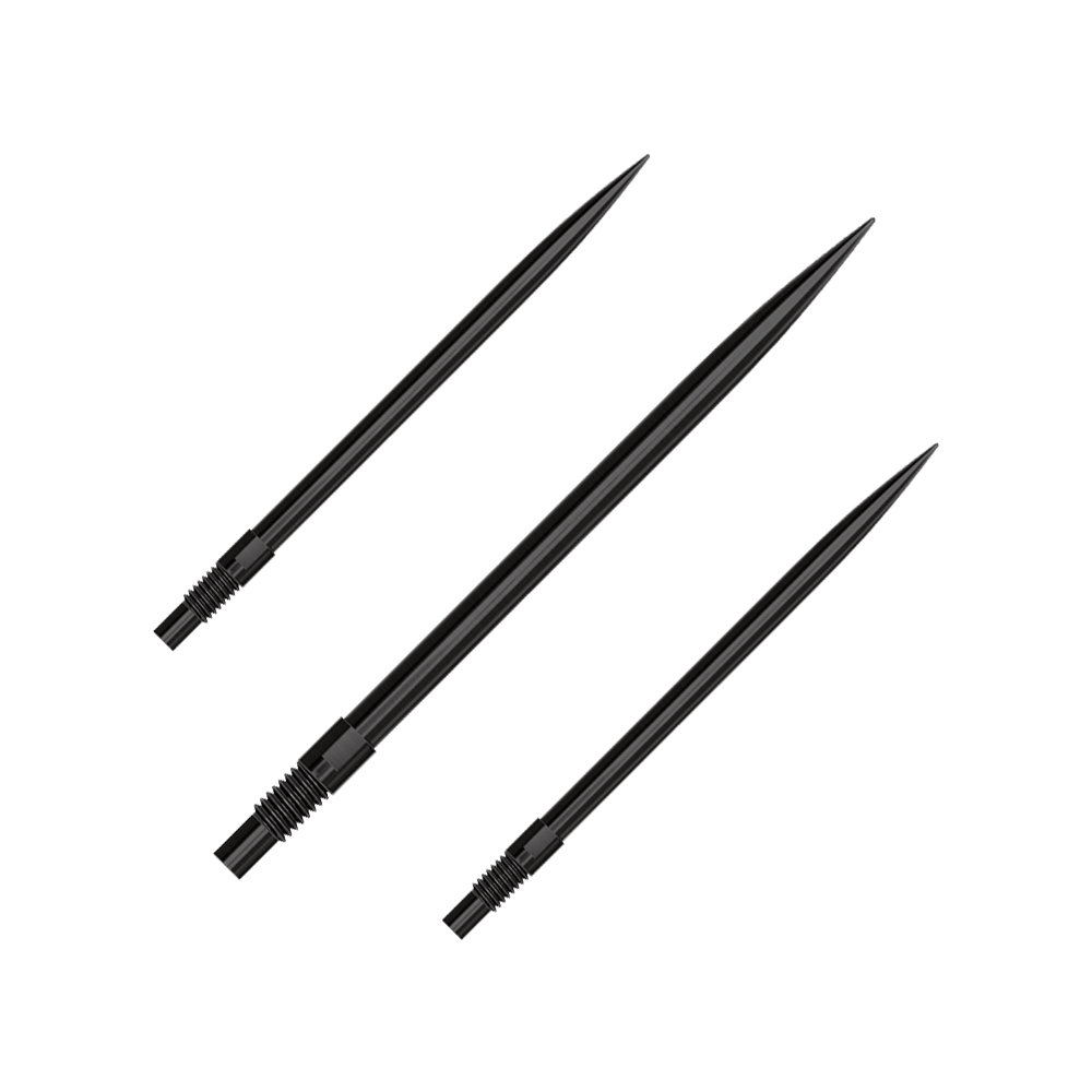Harrows Quick Point Dart Tips - Black Ein Set aus schwarzen QuickPoint Dartspitzen mit 40 mm Länge. Die Dartspitzen liegen auf einer neutralen Oberfläche.
