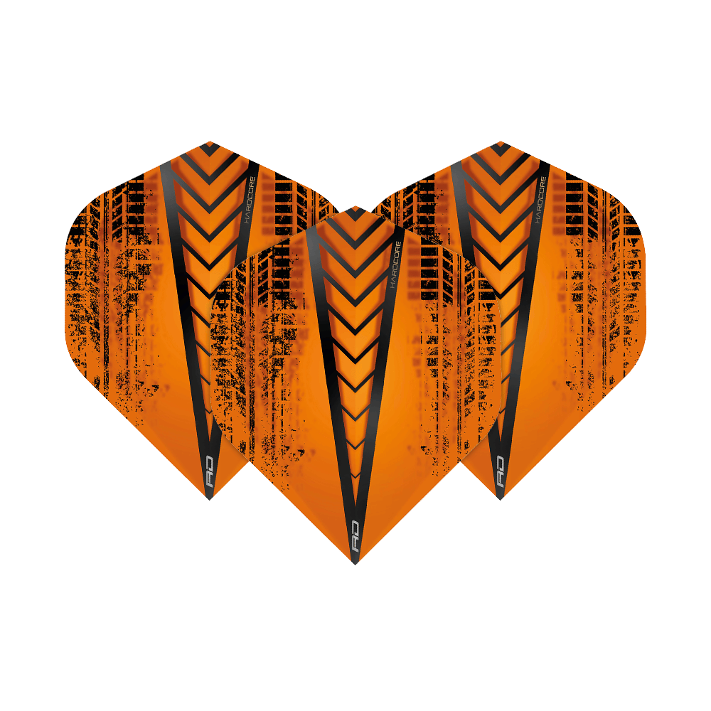 Das Bild zeigt drei Dart-Flights des Modells "Red Dragon Hardcore Radical Orange Standard Flights". Sie sind orange mit schwarzen Mustern und Streifen gestaltet.