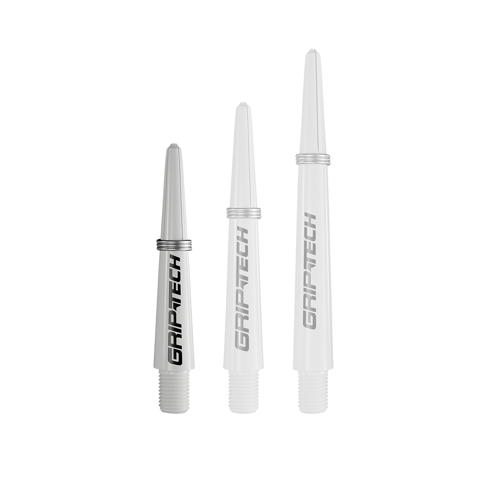 GOAT Griptech Shafts - White Das Bild zeigt drei silberne Dartschäfte in verschiedenen Längen. Auf jedem Schaft steht das Wort "GRIPTECH".
