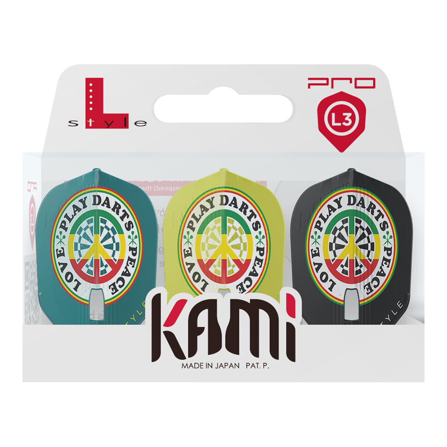 Die Packung zeigt drei unterschiedlich farbige Dart-Flights mit dem Aufdruck "LOVE * PLAY DARTS * PEACE". Das Produkt heißt "L-Style Deta Hedman V4 Mix KAMI Flights" und ist in Japan hergestellt.