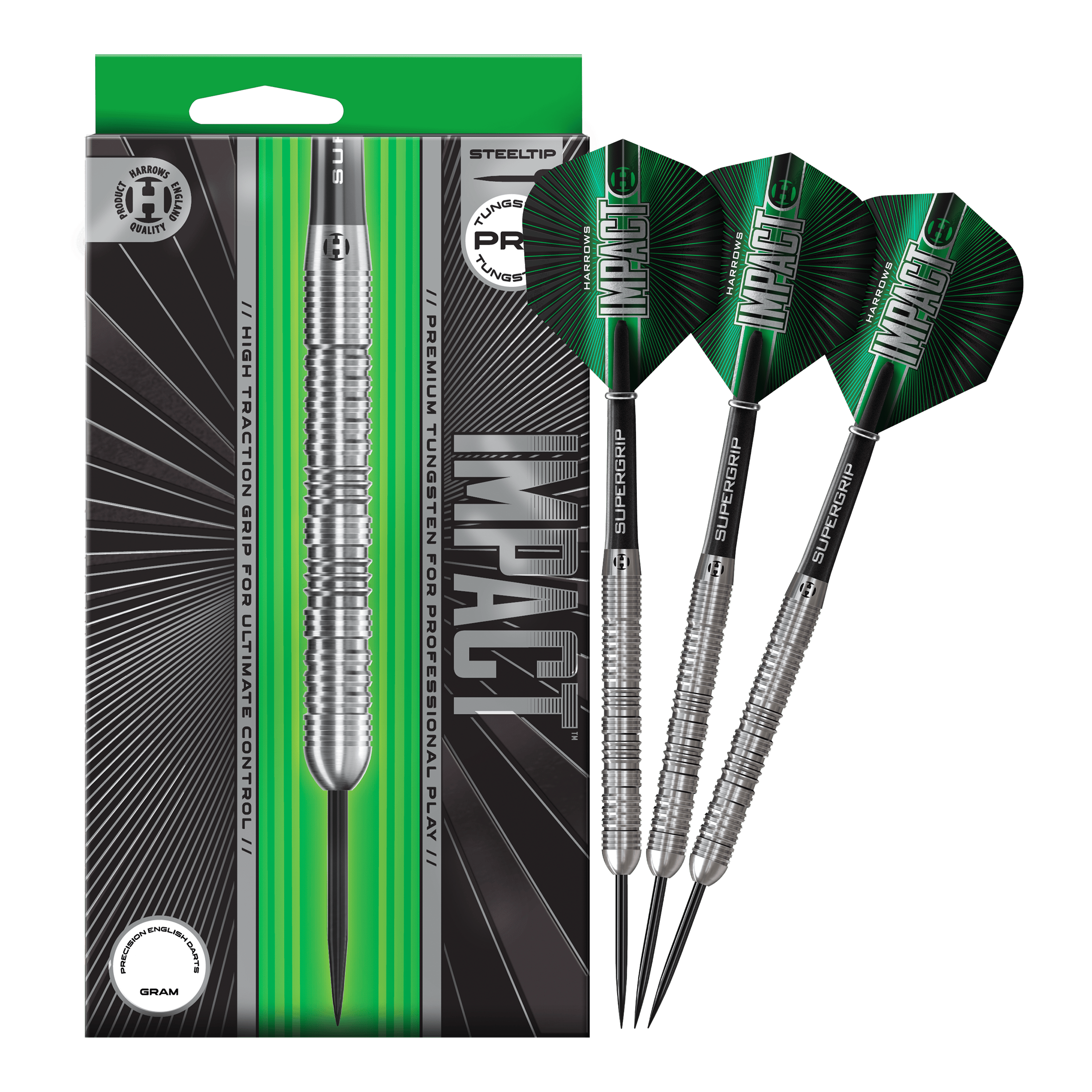 Harrows Impact Steel Darts Das Foto zeigt die vollständigen Harrows Impact Steeldarts. Die Darts sind fertig zusammengestellt für den Gebrauch.