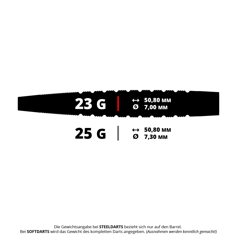 Das Bild zeigt die technischen Daten von zwei Steeldarts mit 23 g und 25 g Gewicht. Beide Darts sind 50,80 mm lang, der Durchmesser beträgt 7,00 mm bzw. 7,30 mm.