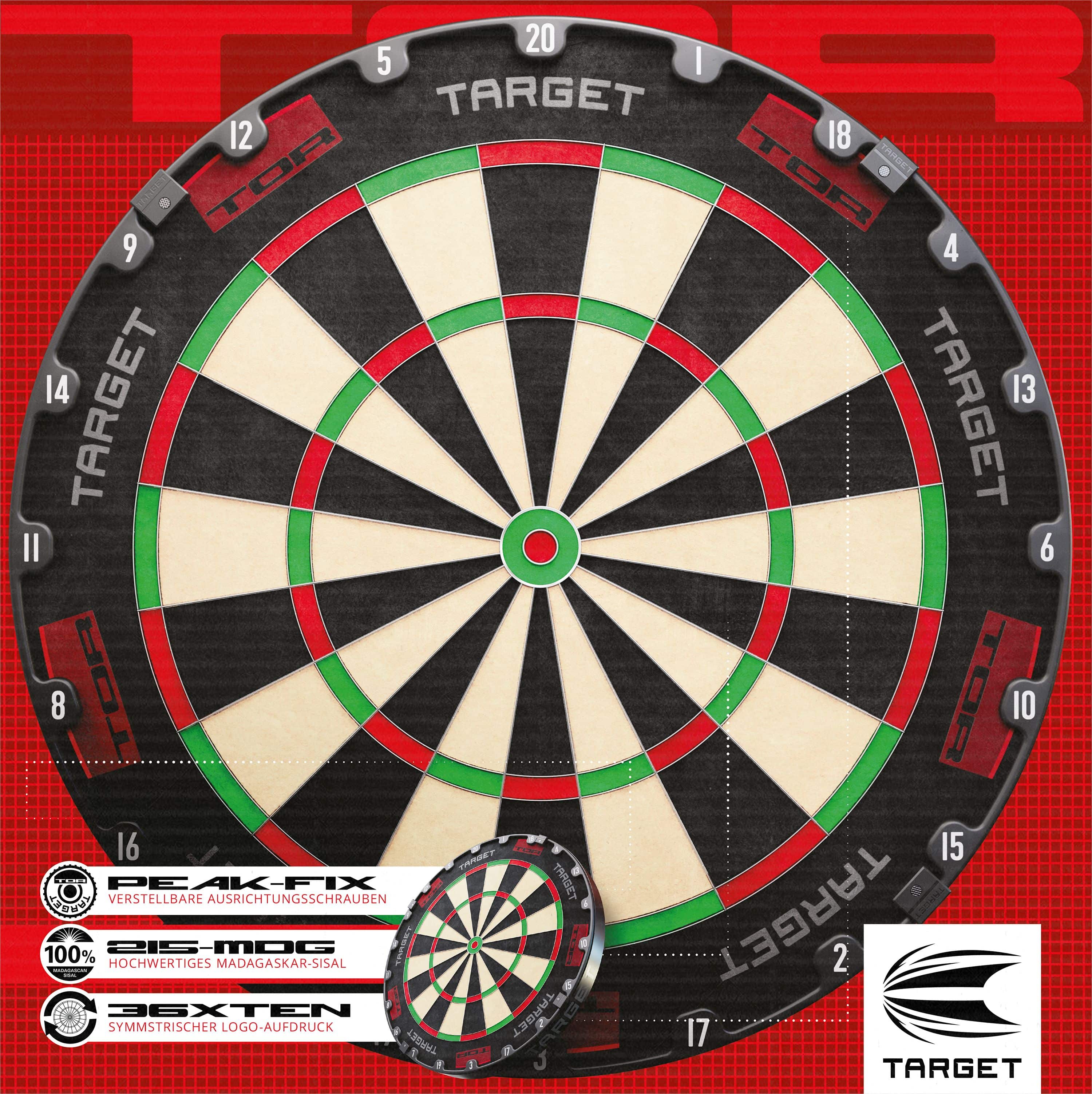 Target TOR Steel Dartboard Target TOR Steeldartboard ist als klassisches Dartboard zu sehen. Die Zahlen und Segmente sind klar sichtbar.