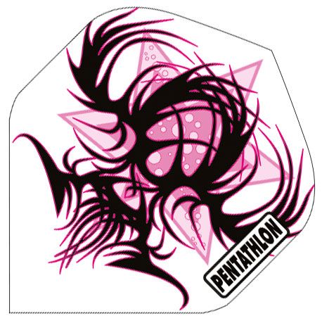 p144 Das Bild zeigt das Produkt "Pentathlon Flights P144" mit einem auffälligen pink-schwarzen abstrakten Design. In einer Ecke befindet sich das Pentathlon-Logo.