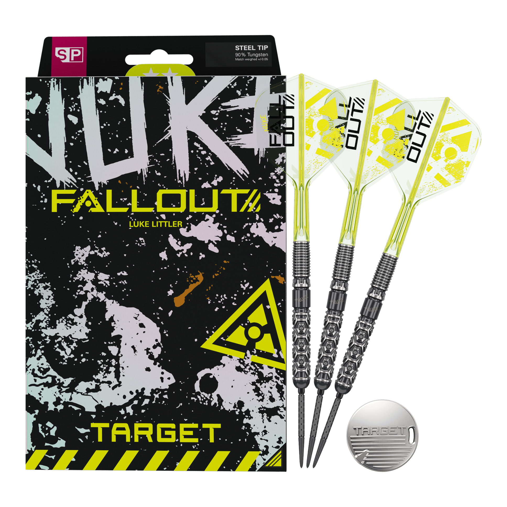 Target Luke Littler Nuke Fallout Swiss Points Steeldarts Auf dem Bild sind die Target Luke Littler Nuke Fallout Swiss Points Steeldarts dargestellt. Die Darts bieten eine spezielle Griffstruktur für besseren Halt.