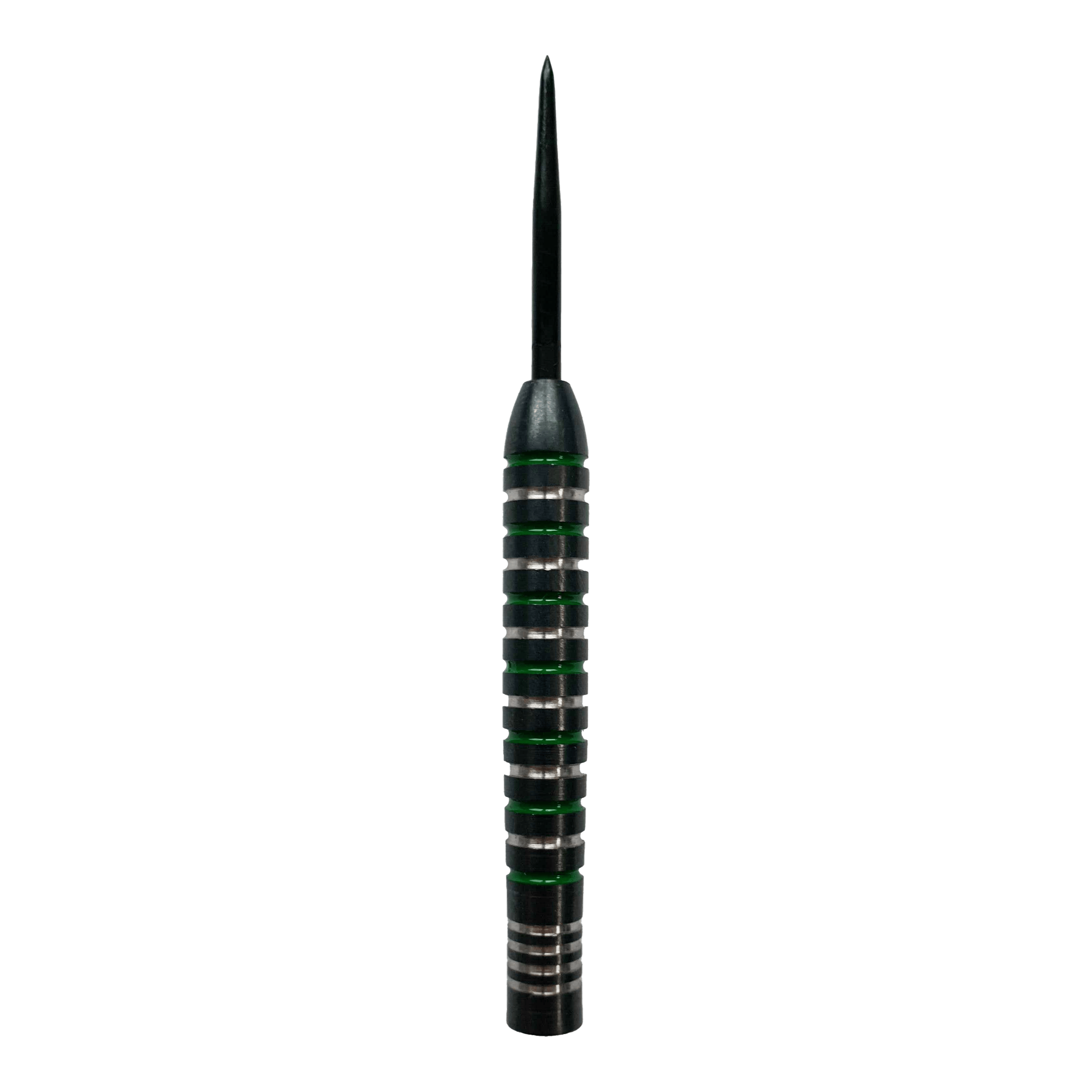 McDart Silver Green Steeldart Barrels Das Bild zeigt ein McDart Silver Green Steeldart Barrel. Der Dartpfeil hat silberne Ringe mit grünen Akzenten entlang des Griffbereichs.